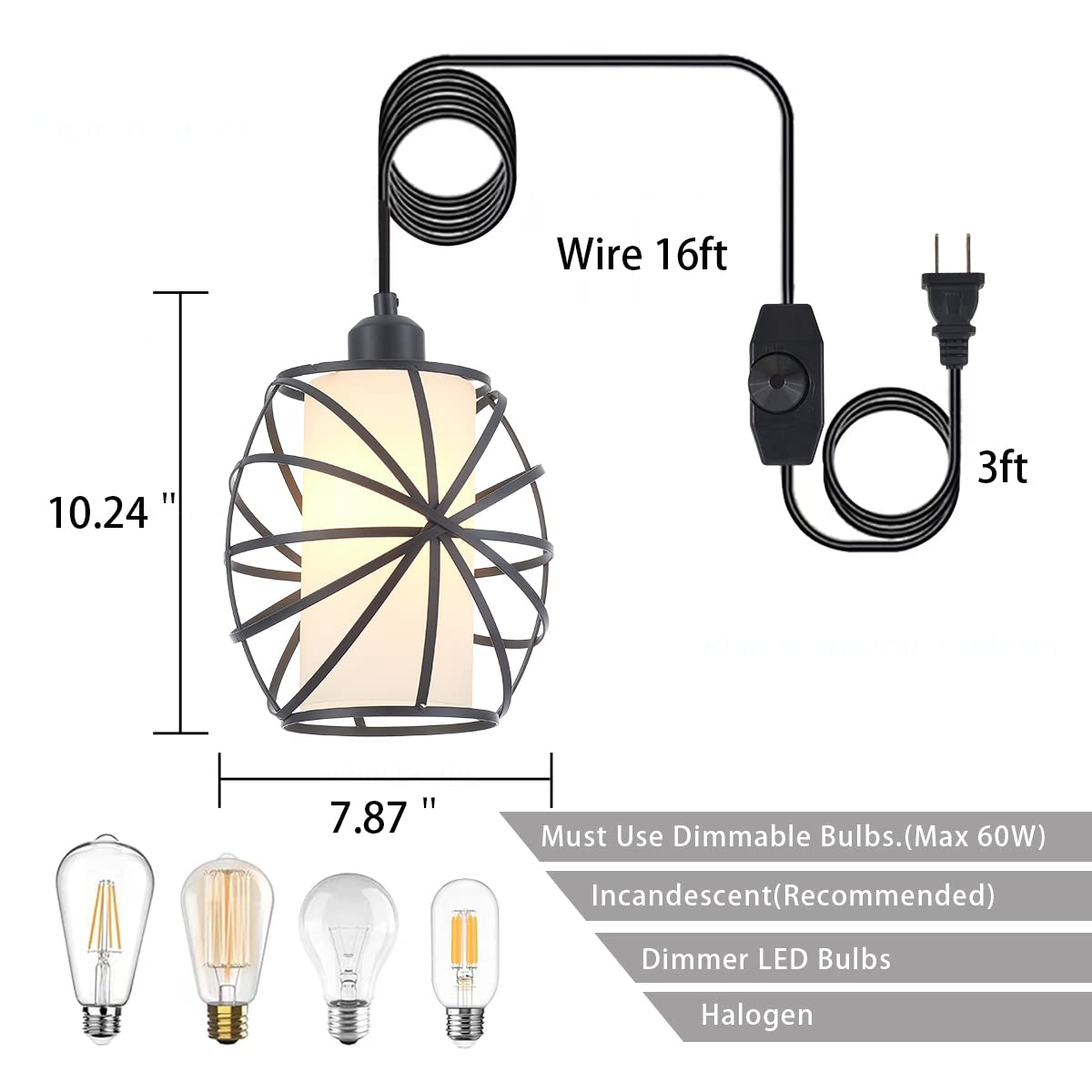 YLONG-ZS Hanging Lights with Plug in Cord, Dimmerable Glass Pendant Lamp, Black, Model YL26B