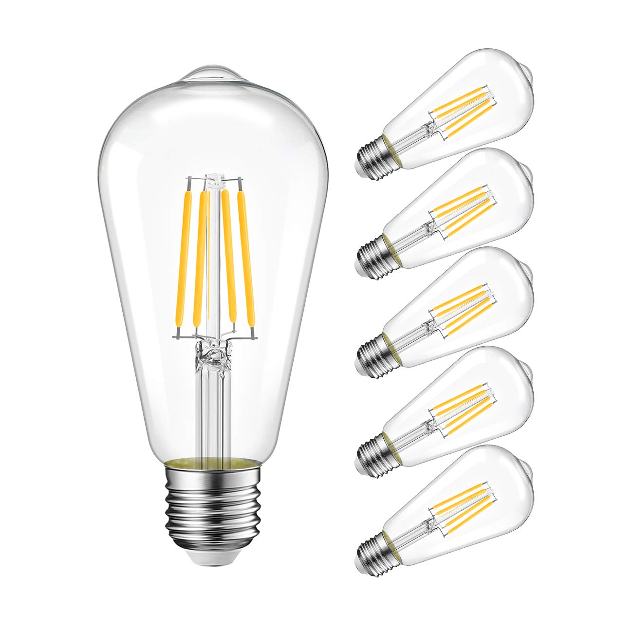 LVWIT LED Filament Bulb 7W Dimmable 2700K Warm White E26 Medium Base, Glass, 6-Pack, Clear