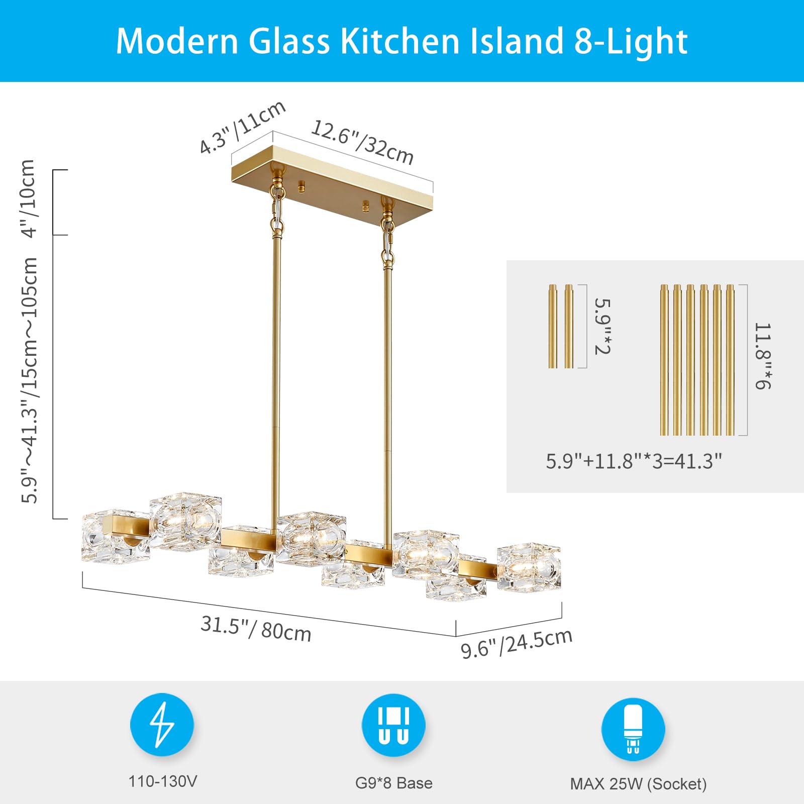 XINGQI 8-Light Gold Chandelier Sputnik - Modern Farmhouse Glass Light Fixture for Dining Room, Living Room, Kitchen Island