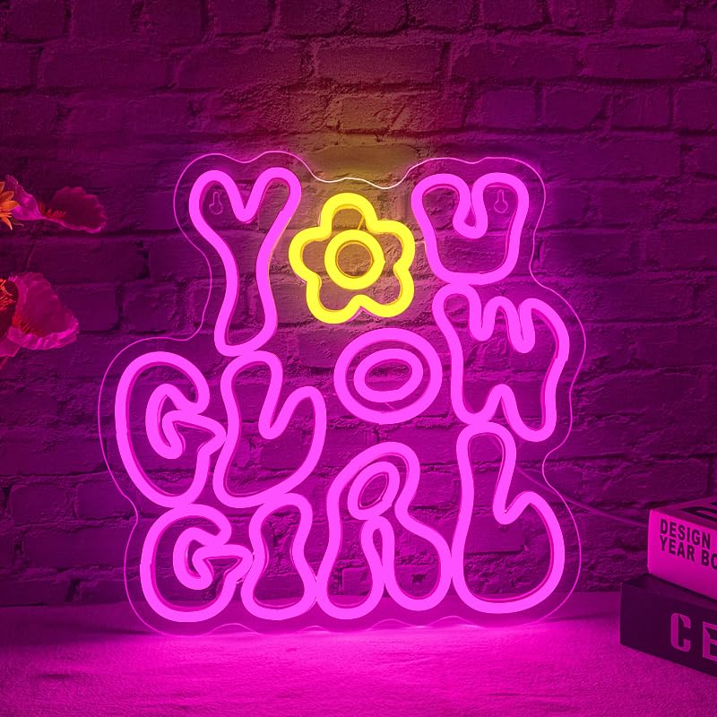 WLHOPE Neon Sign - You Glow Girl LED Light for Wall Decor, 12.2x12.5 inches, Pink, Ideal for Bedroom, Bar, Club, Wedding, Birthday Party