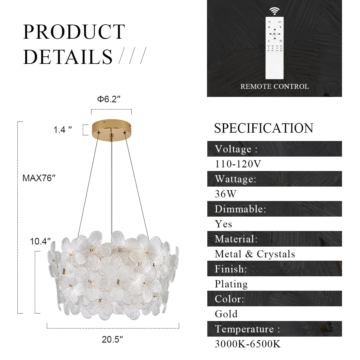 Poemoon Modern Crystal LED Chandelier 20" Brushed Gold Dimmable Flush Mount for High Ceilings with Remote Control - Model P50-500G1