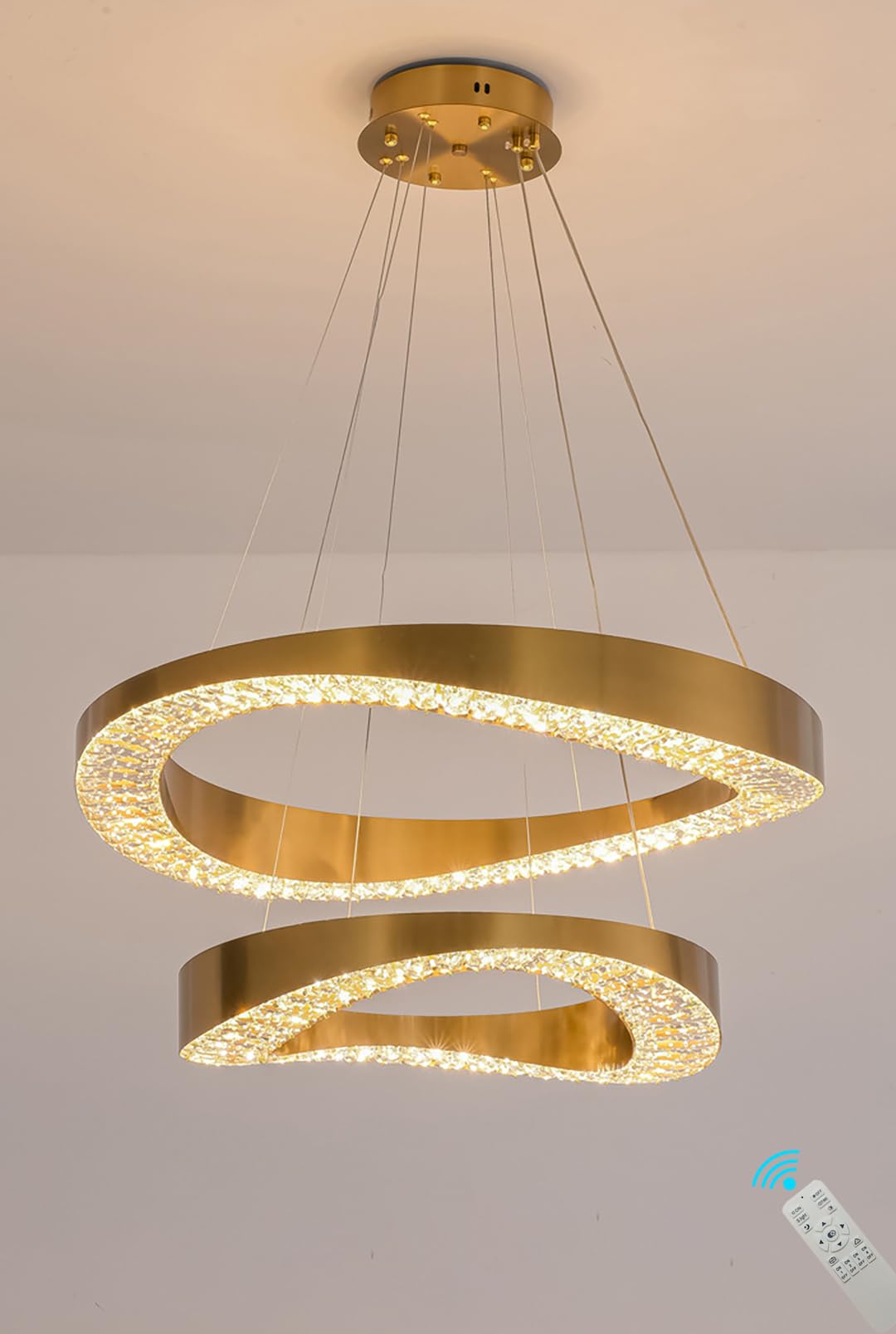Gold Plated Crystal Chandelier for Living Room 2 Rings D20+D28 120W Modern Gold Ceiling Lights for Dining Room  Hotel Dimmable 2700k 4500k 6000k