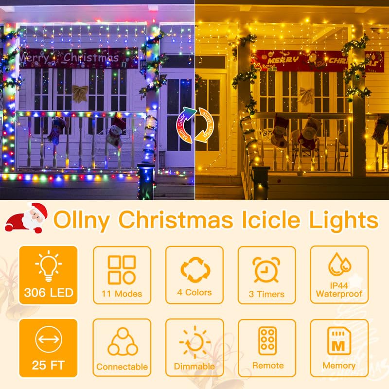 Ollny Icicle Lights 306Led, Color Changing With Remote, 25Ft Waterproof Holiday Lights, Warm White To Multicolor, Model Hg-29V306Bc