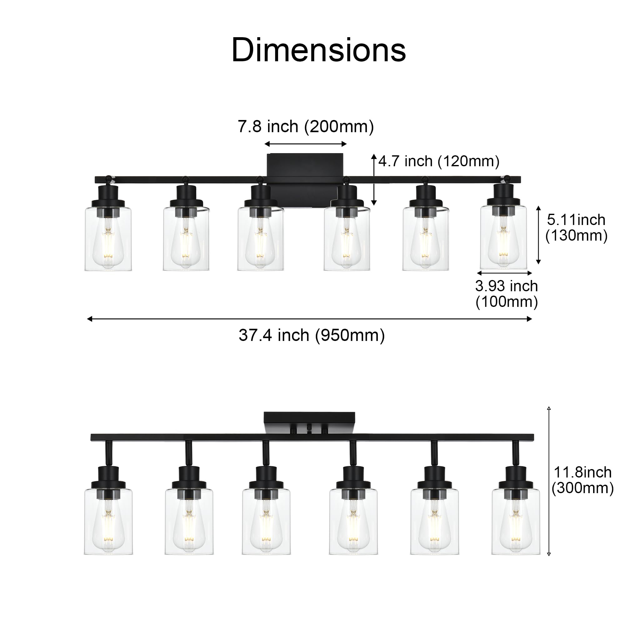 Wanluce 6-Light Black Track Lighting Kit, Rotatable Spotlight with Clear Glass Shade, Model 16450SP-6BL for Kitchen and Bathroom