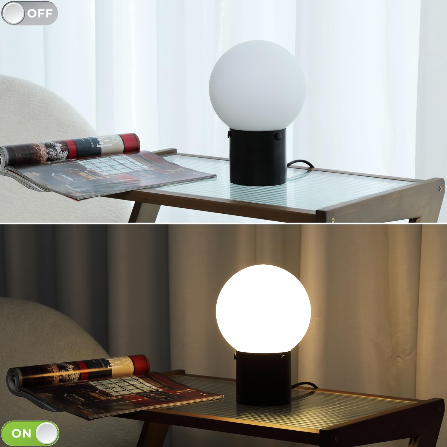 Somniferous Small Table Lamp For Nightstand With Frosted Glass Globe Lamp Shade, Mid Century Modern Bedside Lamp With Black Metal Base, Round Side Table Lamp For Bedroom Living Room Entryway