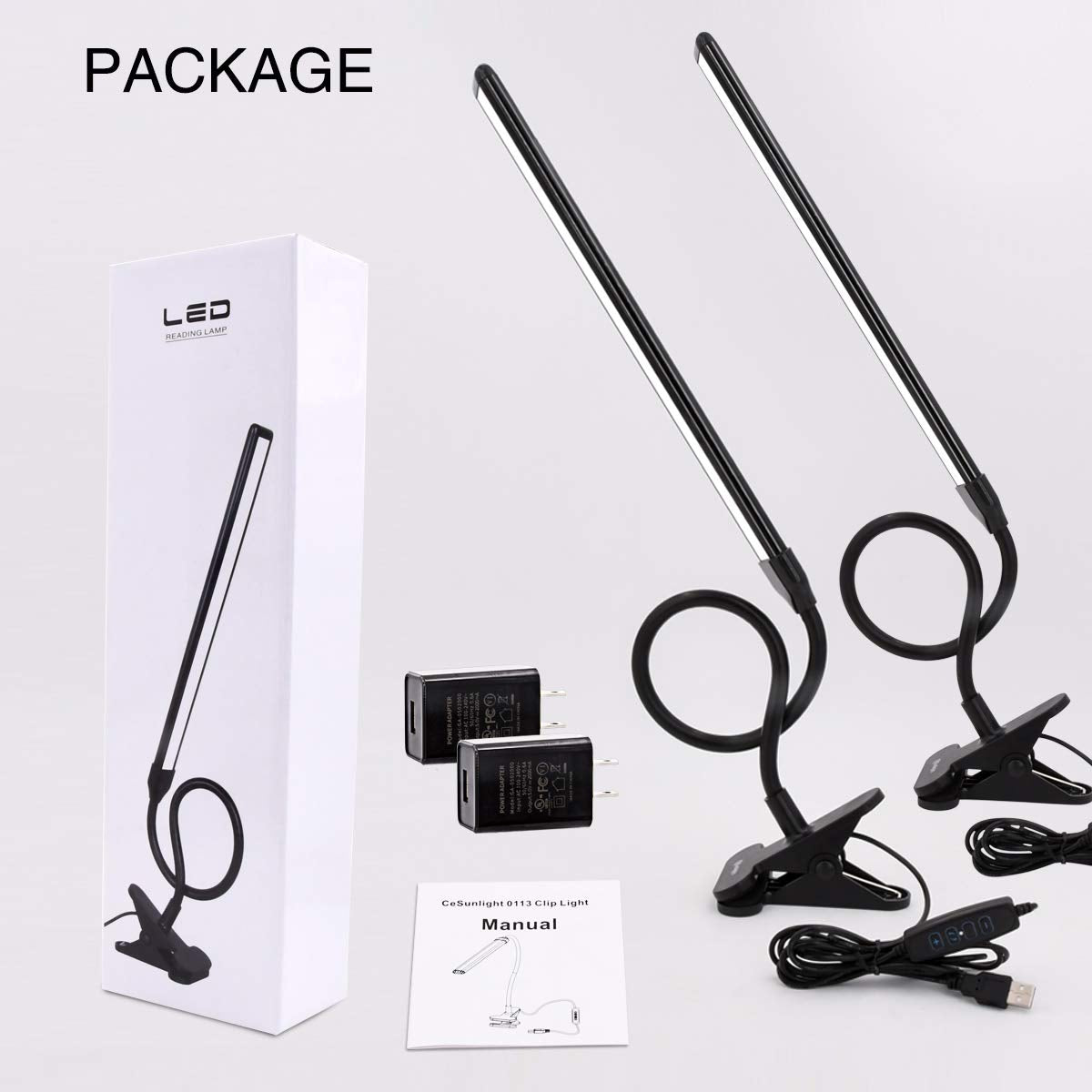Cesunlight Clamp On Desk Lamp - 3 Color Temperatures, 10 Brightness Levels, Usb Power Supply, Black, Pack Of 2, Model B03
