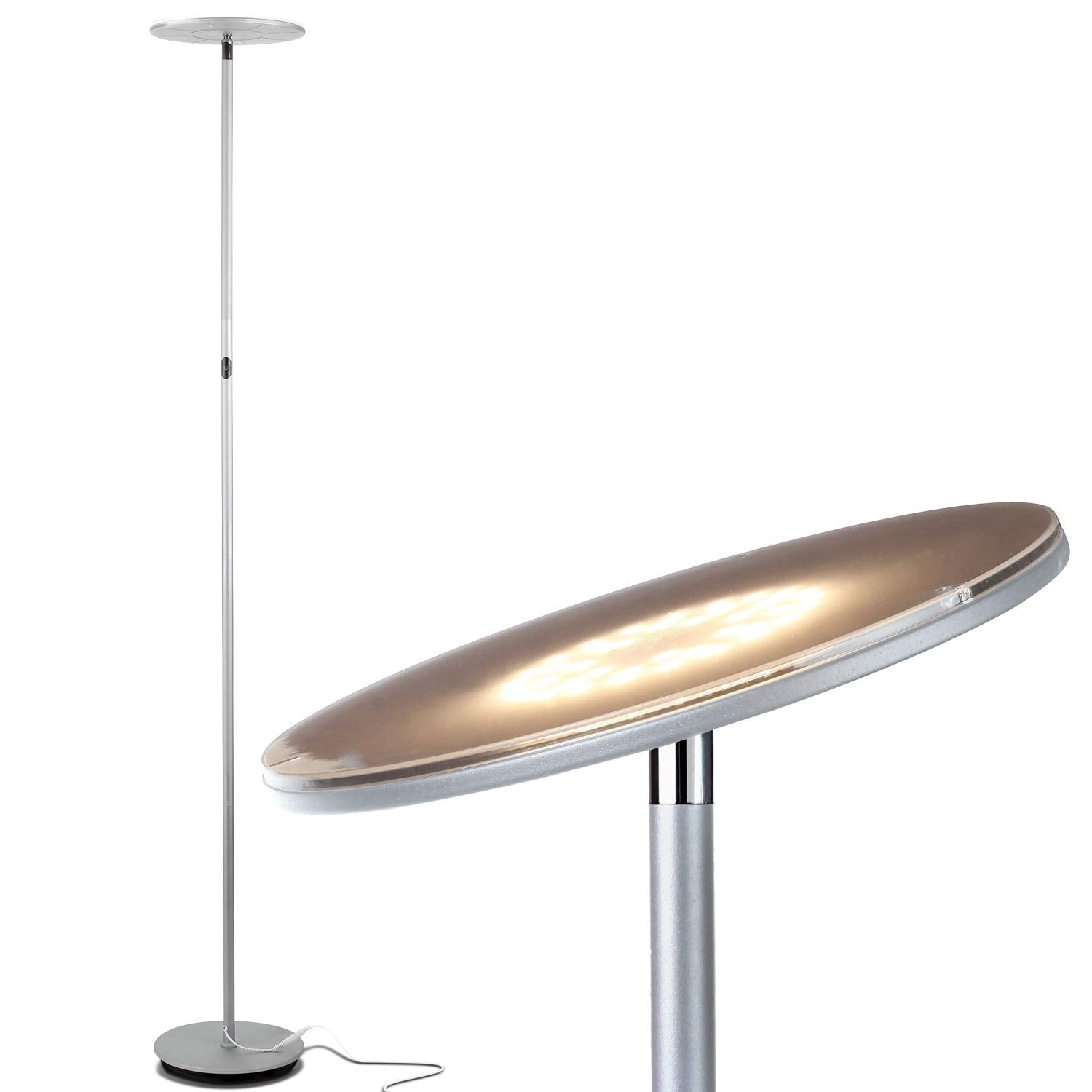 Brightech Sky Flux Dimmable LED Floor Lamp - Silver, Metal, 3 Light Options, Tall Torchiere for Living Room and Bedroom