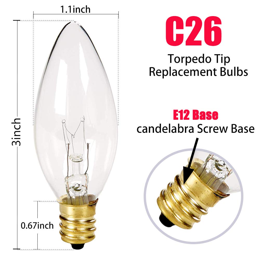 Konictom 25 Pack Candle Light Bulbs,Crystal Clear Torpedo Tip Candelabra Replacement Bulbs Fit C7/E12 Candelabra Base,7 Watt C26