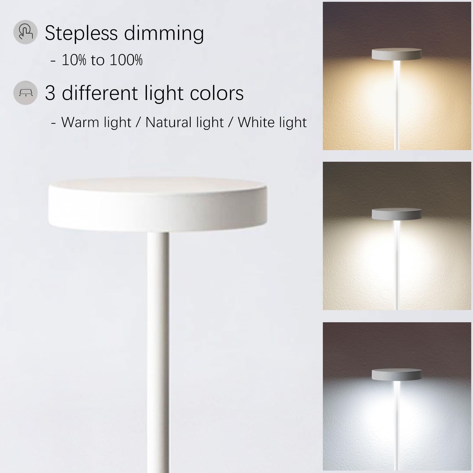 Cordless Rechargeable Led Table Lamp - Ip54 Waterproof, 3 Color Dimmable Metal Table Light, Portable Battery Operated For Indoor