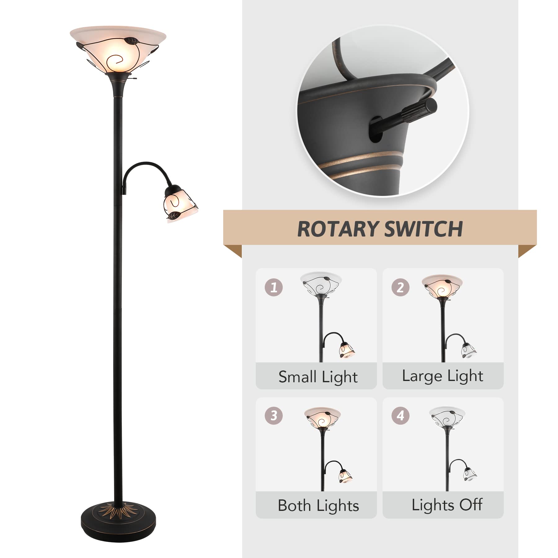 Vonluce Torchiere Floor Lamp With Side Reading Light, 3-Way Switch Combo Antique Bronze Mother Daughter Floor Lamp With Glass Sh