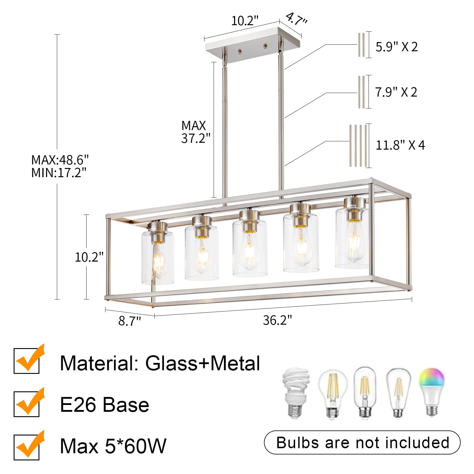 Hccz 5 Light Brushed Nickel Modern Farmhouse Chandelier With Glass Shade For Dining Room