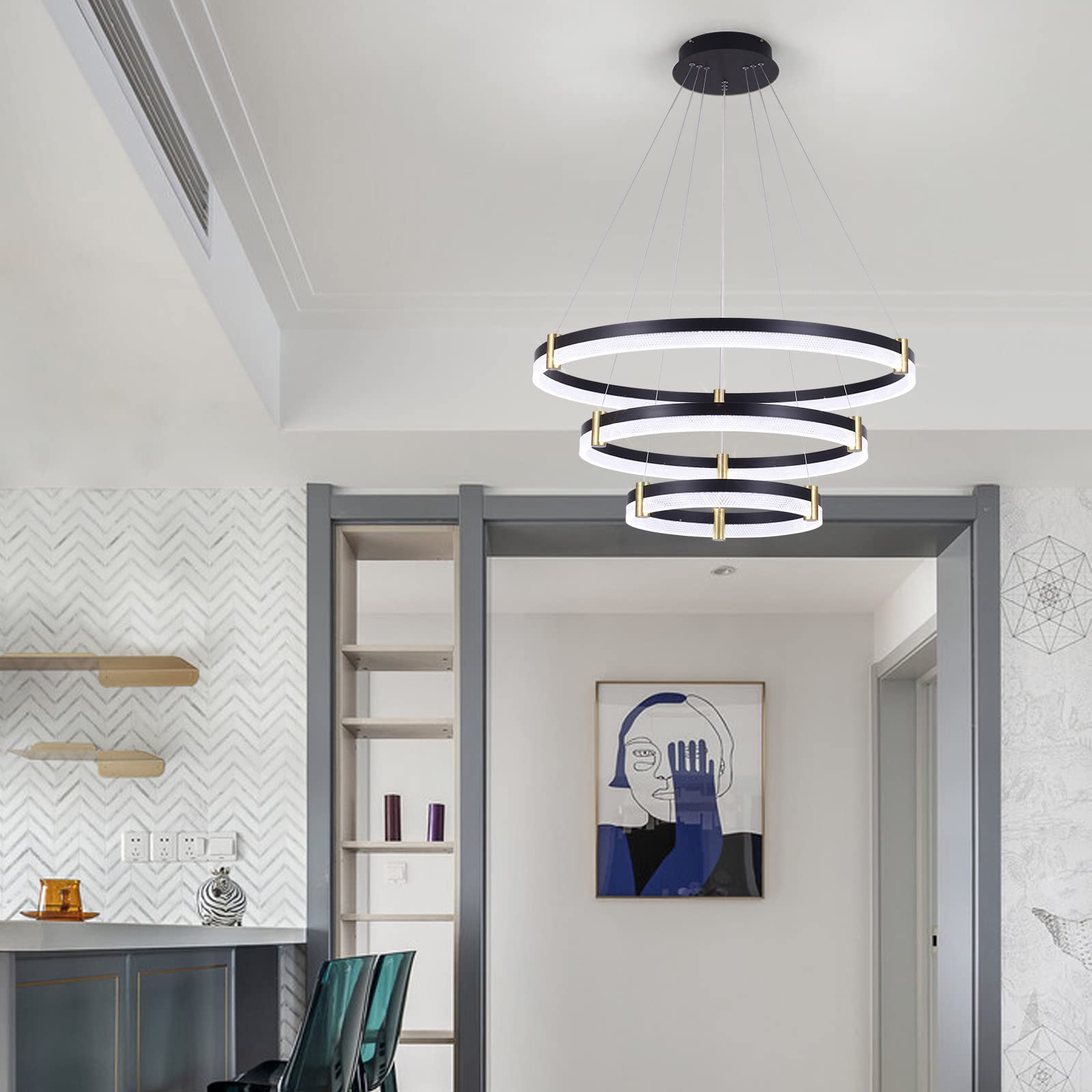 Siittoo Modern Crystal Chandelier Light Fixture  Dimmable Led Acrylic Pendant Lighting  Adjustable Black Chandelier For Dining Living Room Bedroom Kitchen (3 Rings  57W  F31.5+23.6+15.8)