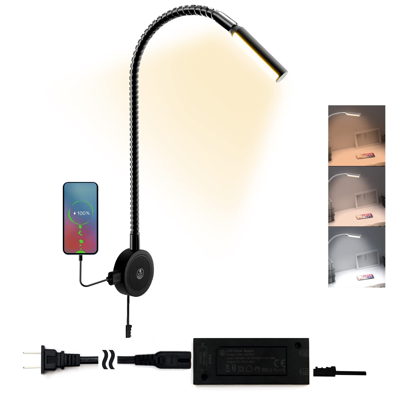 VST Wall Mounted Reading Lamp, 20W LED, Touch Control, 3000K/4000K/6000K, USB/Type-C Charging, Black, 1 Pack