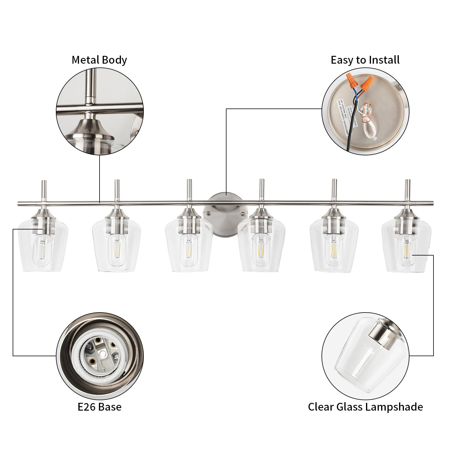 foucasal 6-Light Bathroom Vanity Light Fixtures, Brushed Nickel, Metal, Clear Glass Shade, Model ULB0046H-6SHANIE
