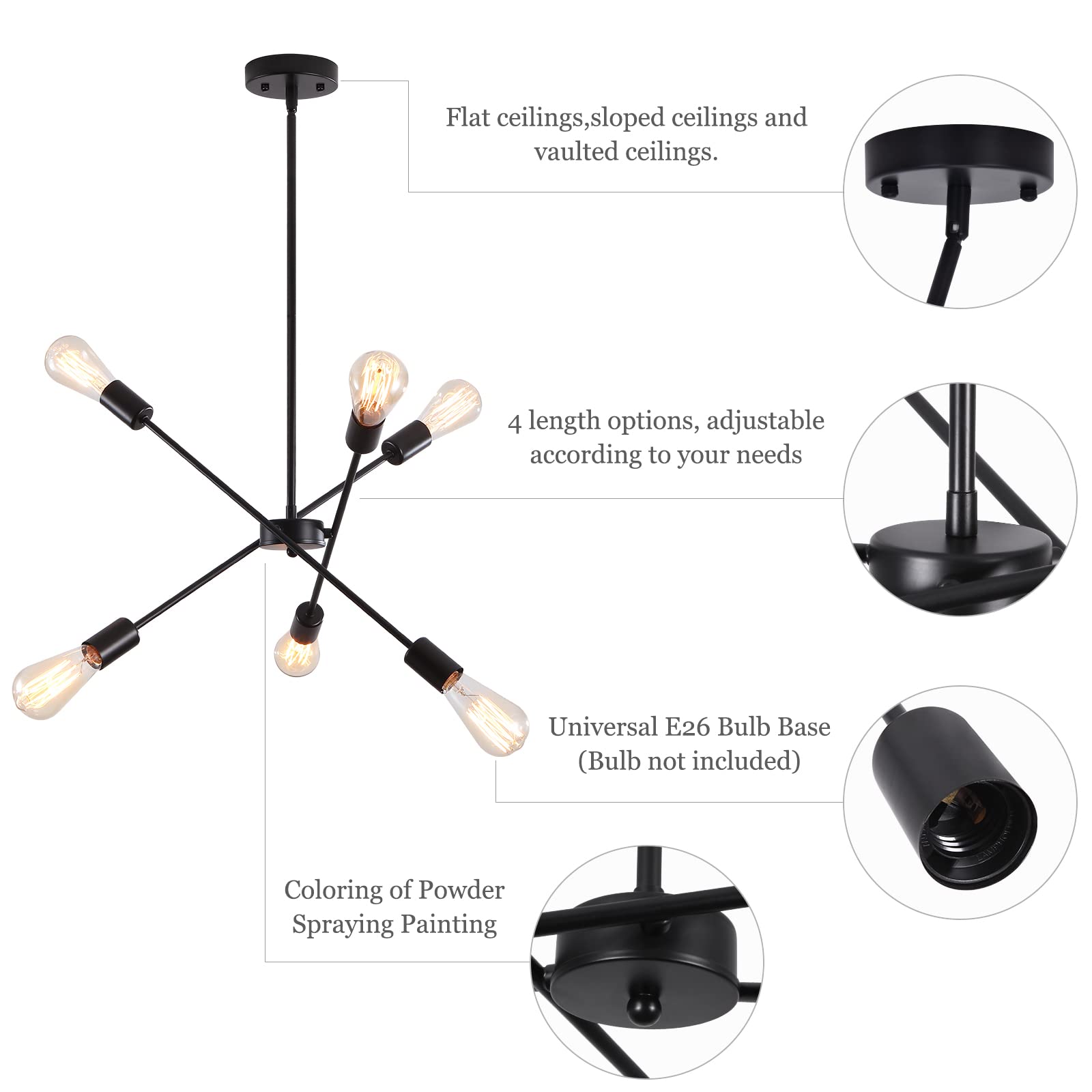 Generies Black Sputnik Chandelier 6 Lights,Modern Industrial Ceiling Light,Mid Century Vintage Contemporary Pendant Dining Room