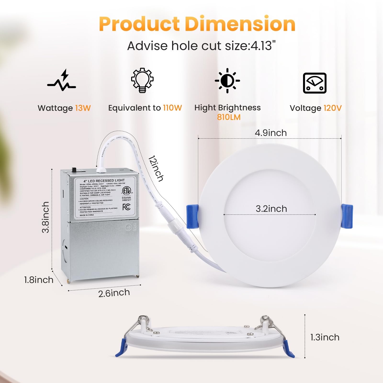 Honzin 6 Pack 4 Inch Led Recessed Lighting, 5Cct Ultra-Thin Led Recessed Ceiling Light With Night Light, 5 Color Temperatures Di