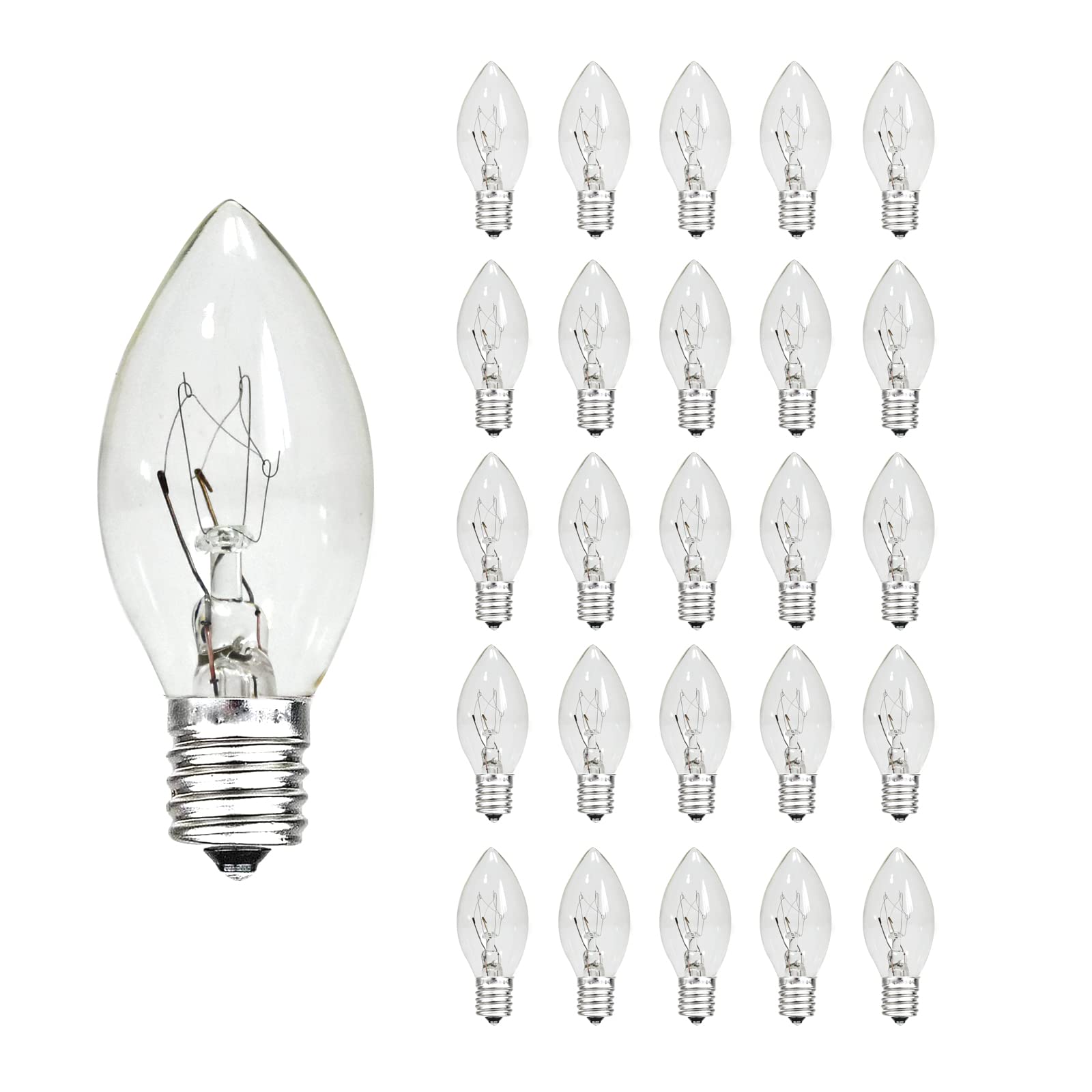 CHYParty 25 Pack C7 Clear Replacement Bulbs  5W Incandescent Christmas Lights  E12 Candelabra Base  C7 Bulbs Warm White for Indoor/Outdoor Halloween Patio String Lights Decor  Night Light