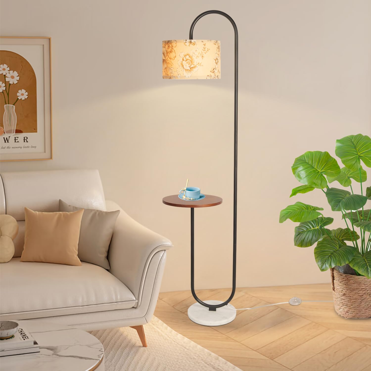 Hsyile Arc Floor Lamp With Hanging Drum Shade For Living Room-Marble Base Modern Tall Stand Up Light With Table, Contemporary Ov