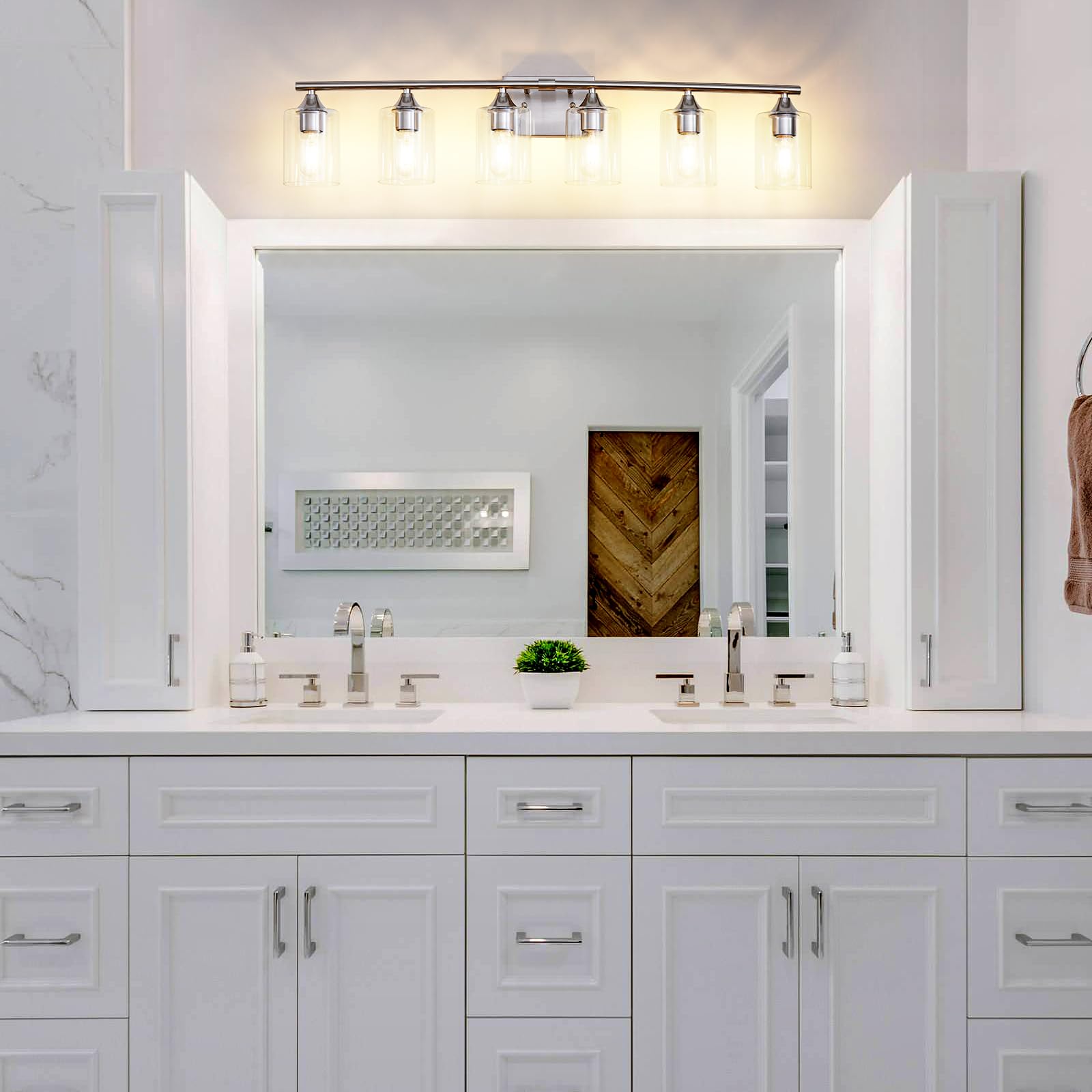 Xpehk 6-Light Bathroom Lighting Fixtures Over Mirror,Brushed Nickel Light Fixture Bathroom,Vanity Light With Clear Glass Shade,M