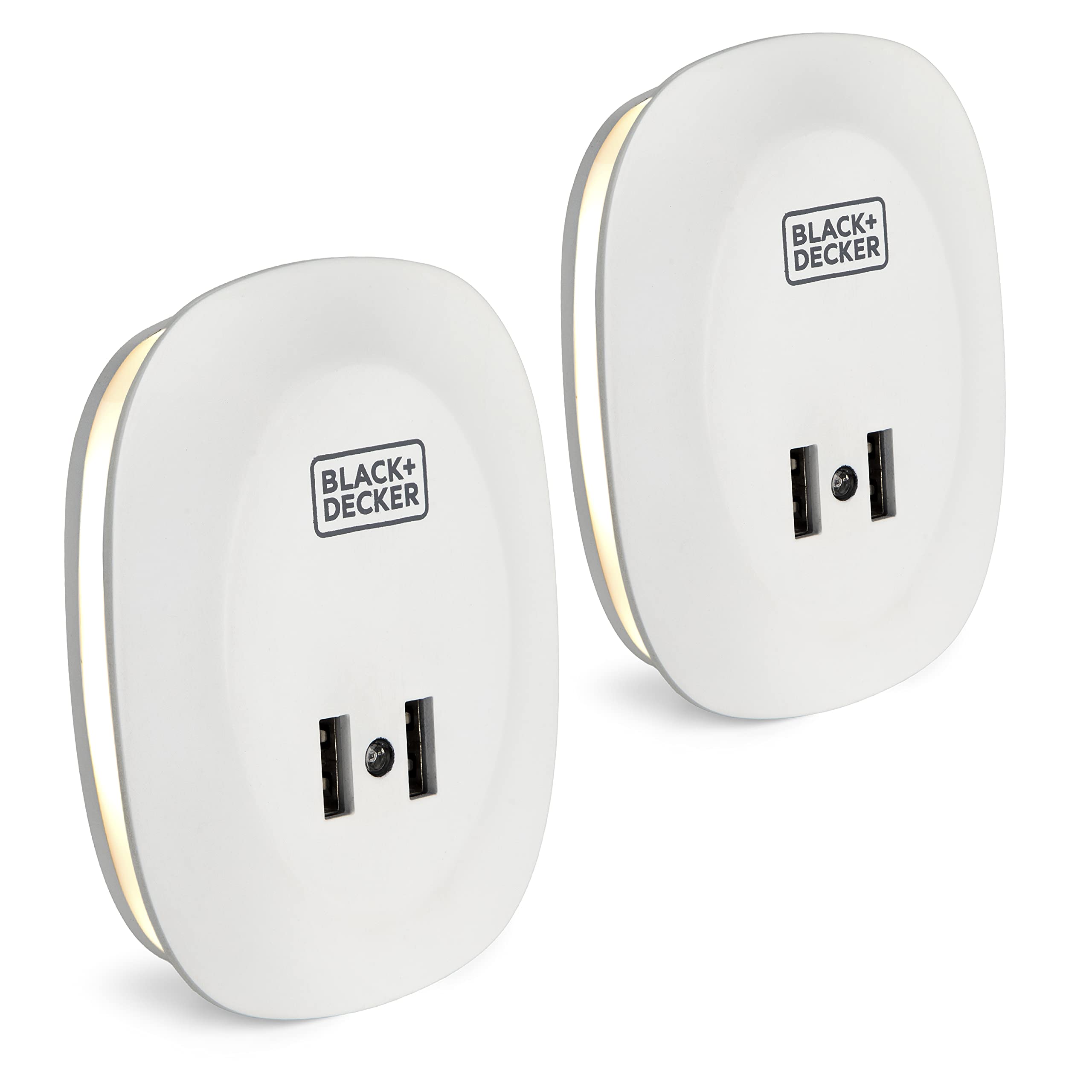 BLACK+DECKER Night Light with 2 USB Ports, Photocell Sensor, 10 Lumen, 2 Pack, Plastic