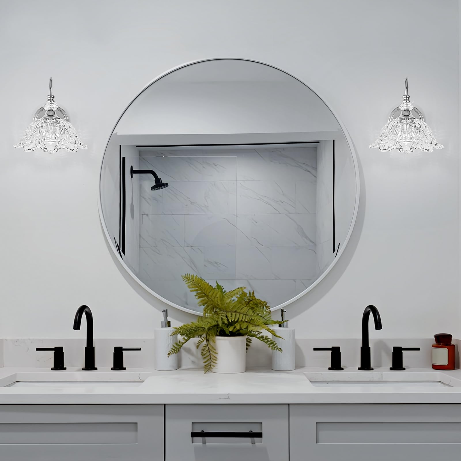 sunkryster Chrome Wall Sconce - 1-Light Modern Bathroom Vanity Light with Floral Glass Shade, Model Sun-104AB-1-Chrome