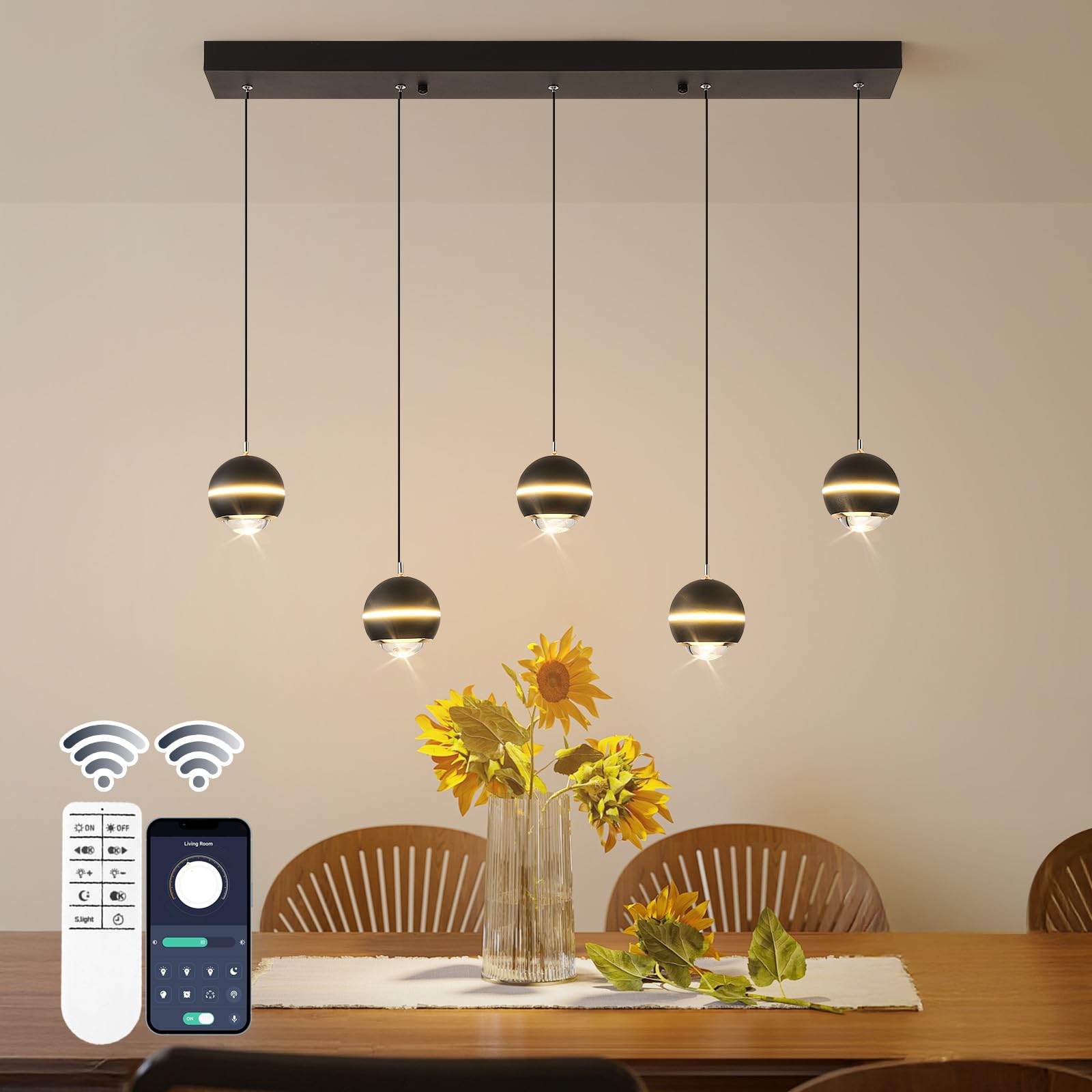 Oranoor Modern Led Pendant Lights, Dimmable 36In Crystal Globe Led Chandelier Lighting, Black & Gold Dining Room Hanging Light F