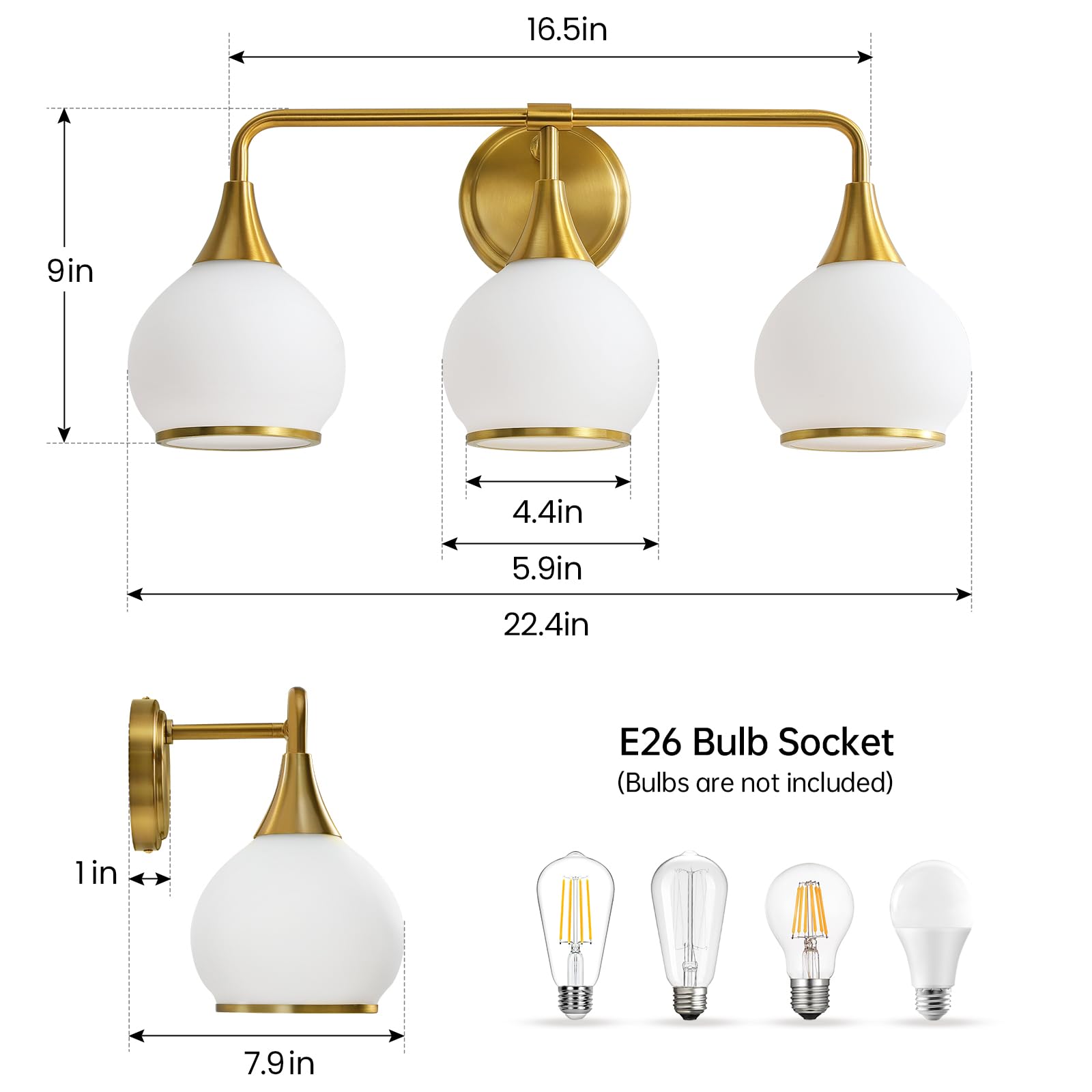 HAHZT 3-Light Brushed Gold Bathroom Vanity Light with Milky White Glass Shade, Model 8033ML, 22.4 inch Wall Sconce Lighting