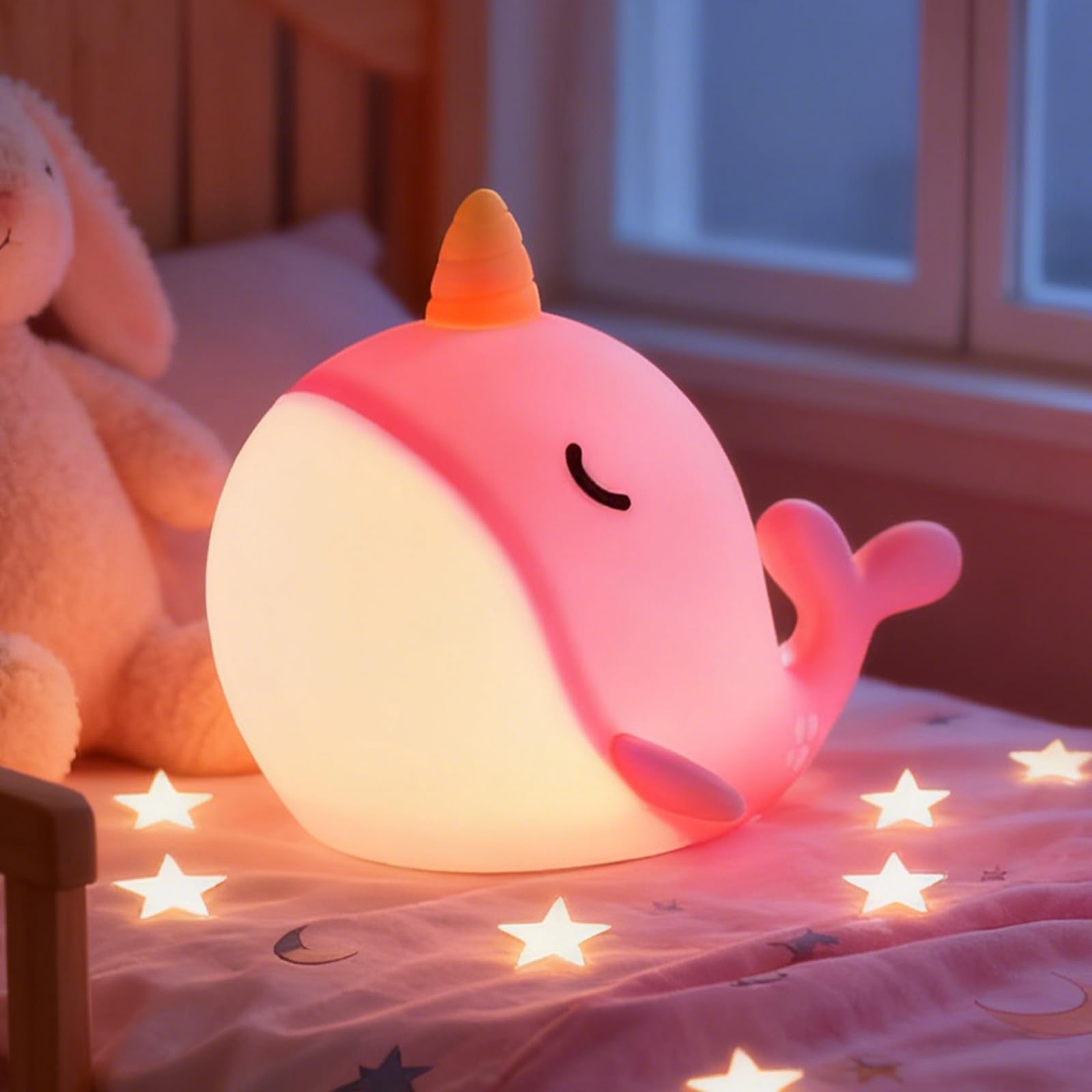 Gemmac Narwhal Night Light for Kids, Portable Squishy Kawaii Lamp, USB Rechargeable Silicone LED Dimmable RGB Ocean Lamp with Ti