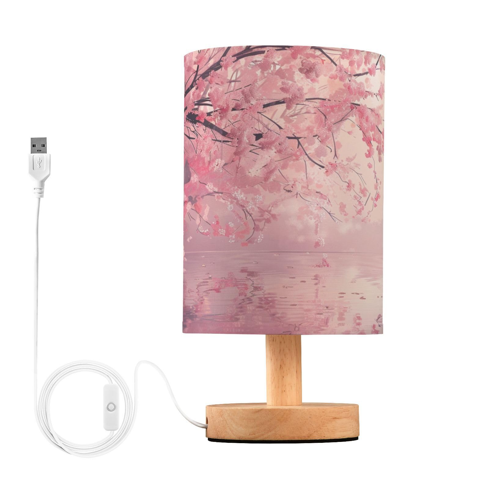 Oarencol Bedside Table Lamp Cherry Blossom Pink Floral Flower Nightstand Lamp with Wood Desk Lamps for Bedroom Living Room Nurse