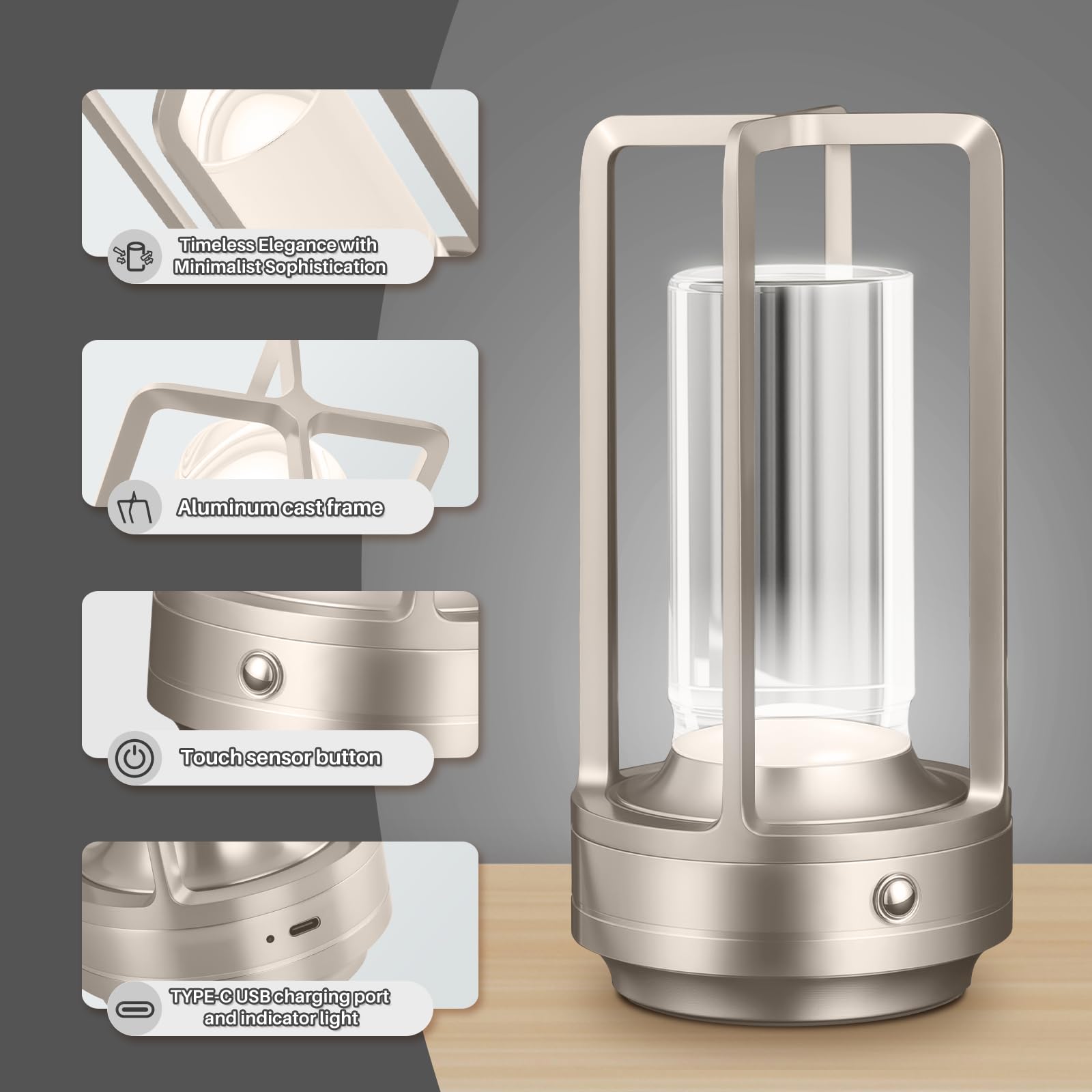 UMLAEN Rechargeable Table Lamp, 3 Color Stepless Dimming, Metal, 2 Pack, Silver, Model BG6004YS-A4