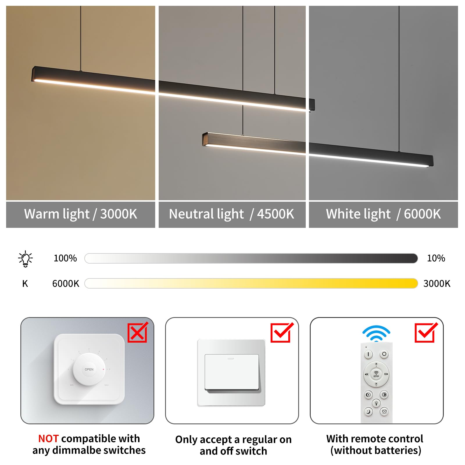 Matven Linear Pendant Light Fixtures, Dimmable LED, 47IN, Aluminum, 3000K-6000K for Kitchen Island, Dining Room, Office, Bar