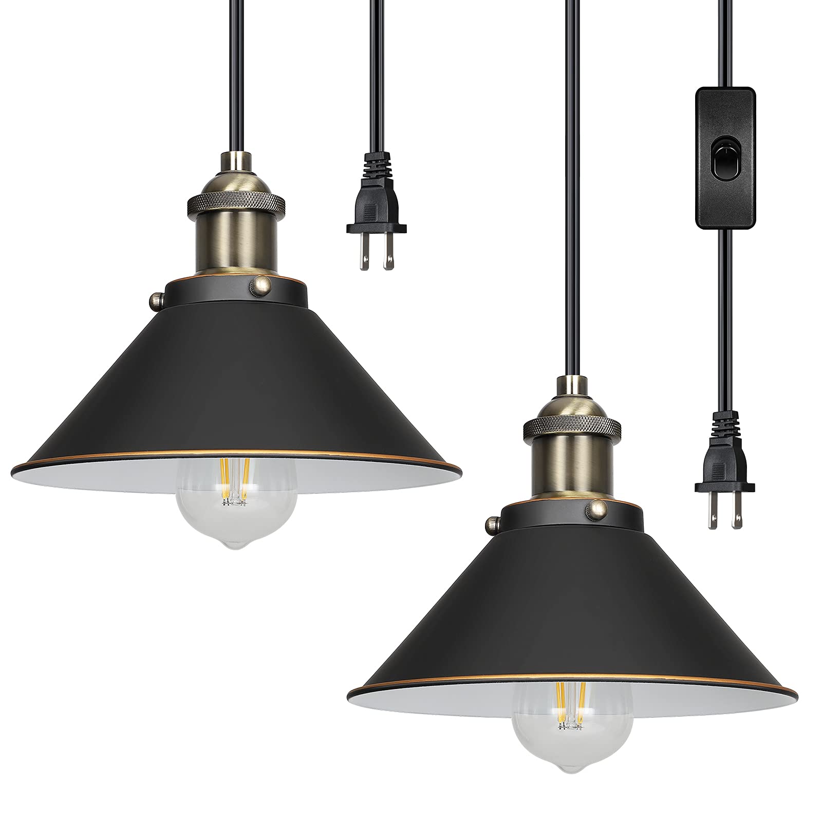 DEWENWILS 2-Pack Plug in Pendant Light, Farmhouse Hanging Lamp, Industrial Hanging Light with 15FT Cord, Black Retro Pure Copper