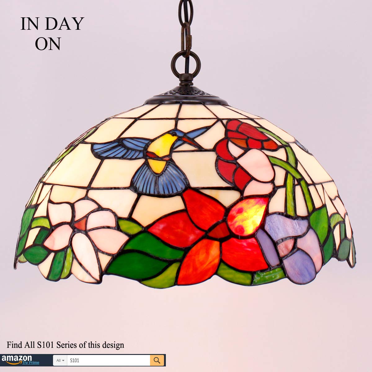 WERFACTORY Tiffany Pendant Light - Hummingbird Amber Stained Glass, 16 Inch, Large, S101 Series