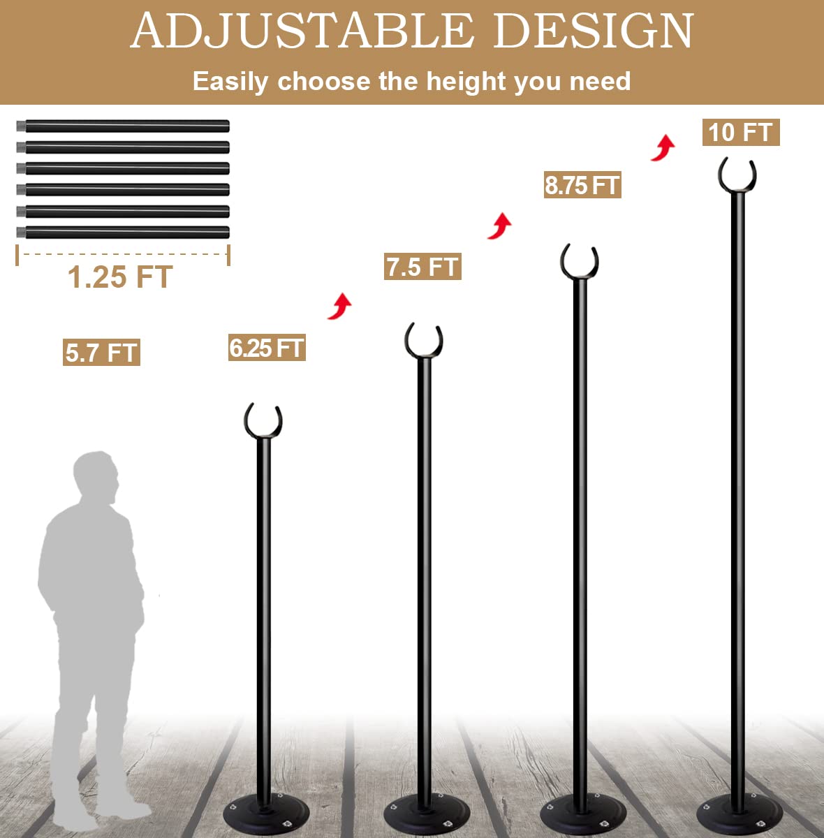 Sprimden 10Ft String Light Poles For Outdoors, Outside Light Poles For Hard Ground Surface, Backyard, Patio, Outdoor Lighting, Matte Black, 2 Pack