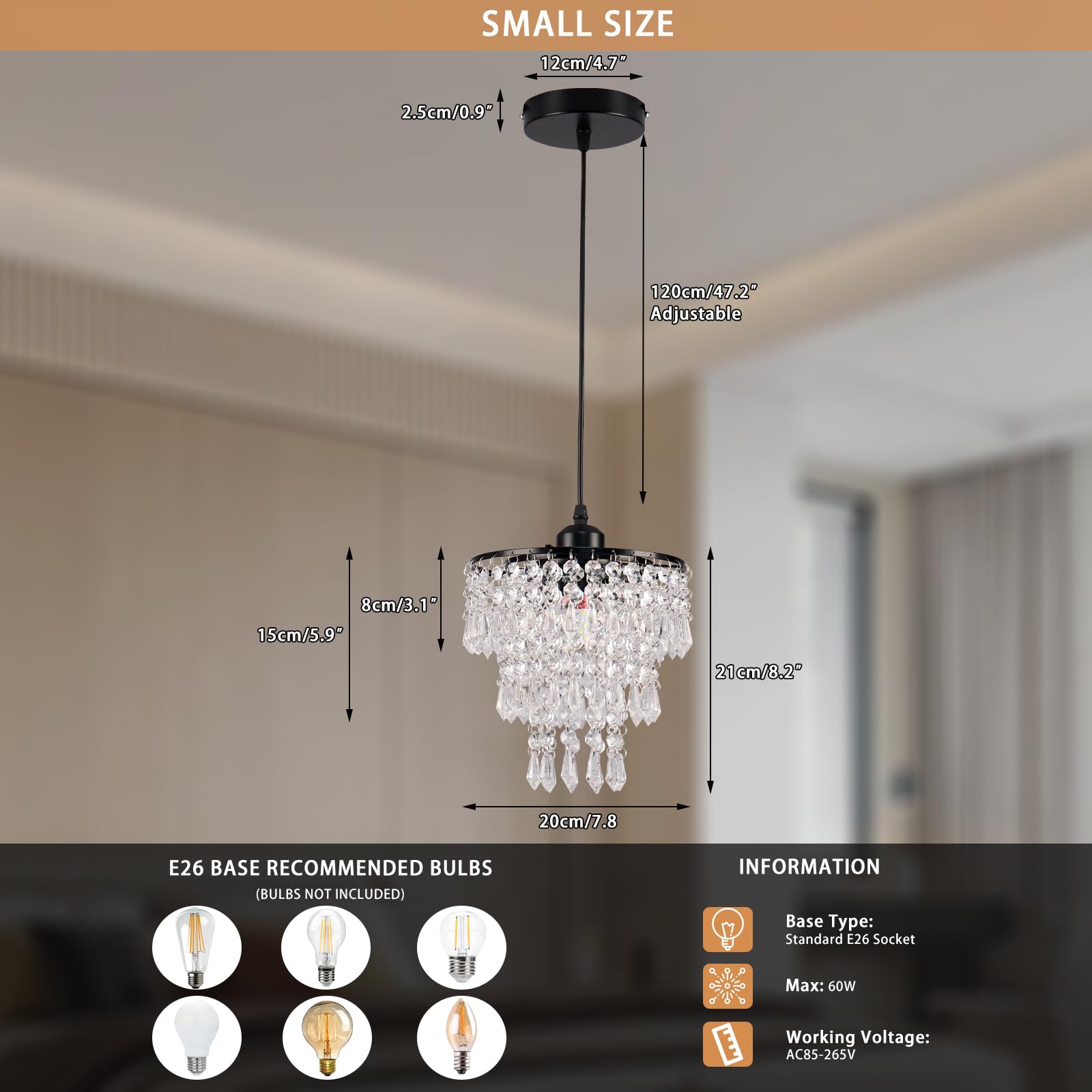 Frixchur Black Crystal Chandelier Pendant Light, Small Semi Flush Mount For Hallway & Bedroom