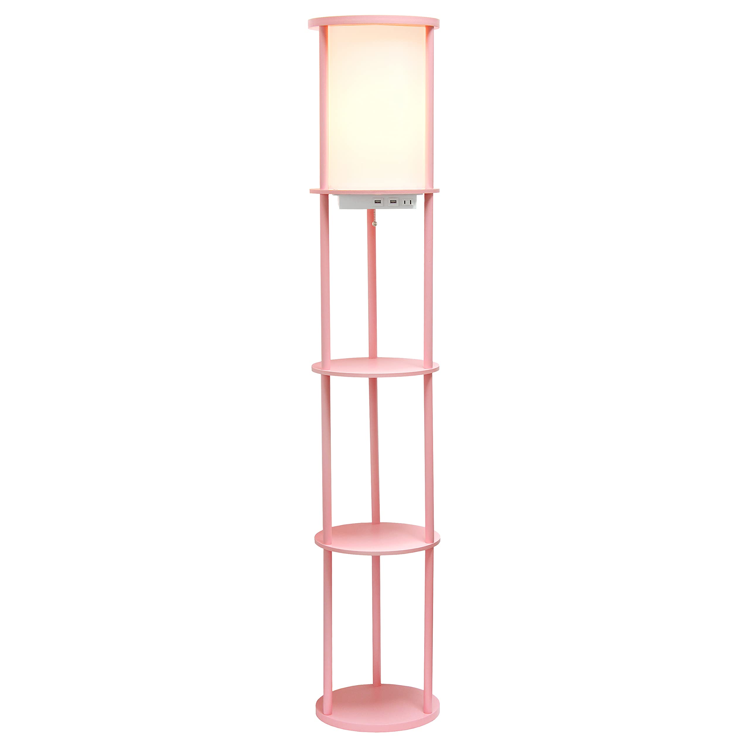 Simple Designs LF2010-LPK Round Shelf Etagere Floor Lamp with USB Ports, Light Pink