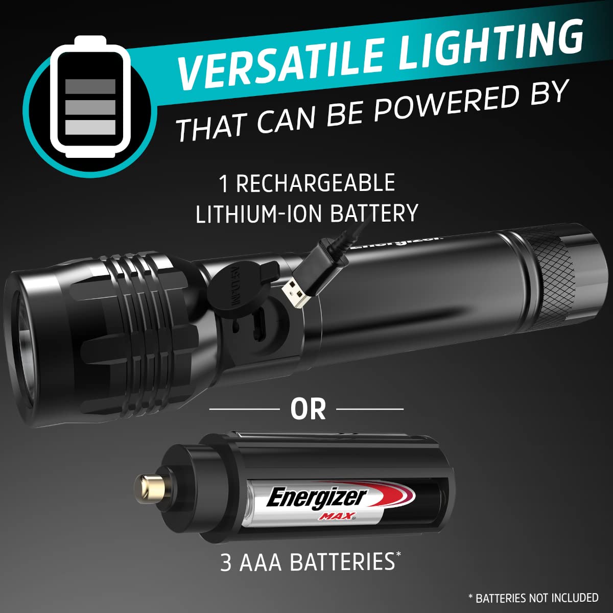 Energizer Rechargeable Led Flashlight X1000, Hybrid Power Capability, Ultra Bright 1000 Lumens, Ipx4 Water Resistant, Rugged Alu
