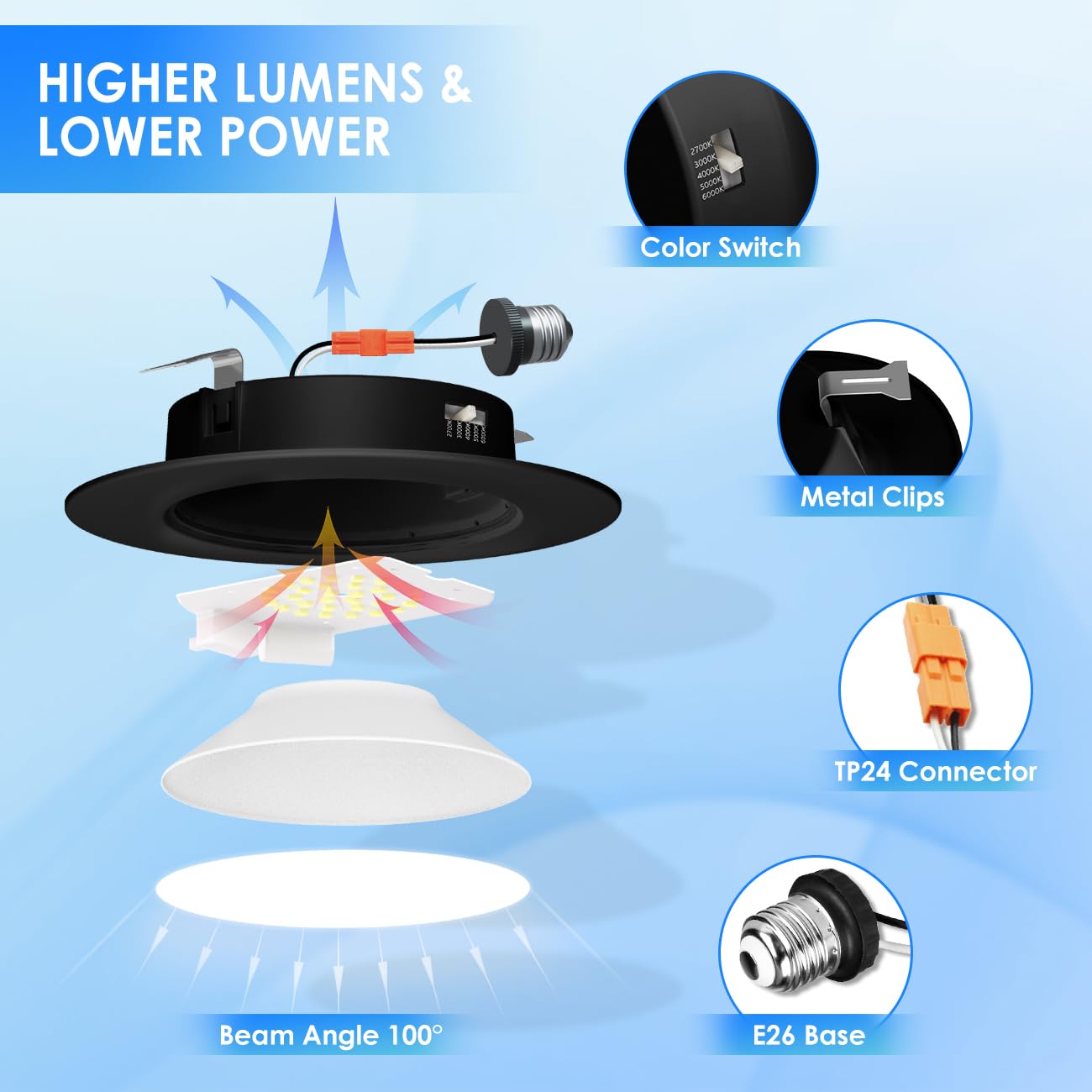 Anwio Recessed Lighting 6 Inch Black  5Cct 9W 1000Lm Flat Retrofit Led Recessed Lights Can Needs  2700/3000/4000/5000/6000K Selectable Can Lights Cri 80+ Dimmable E26 Base Ic Rated & Etl 8 Pack