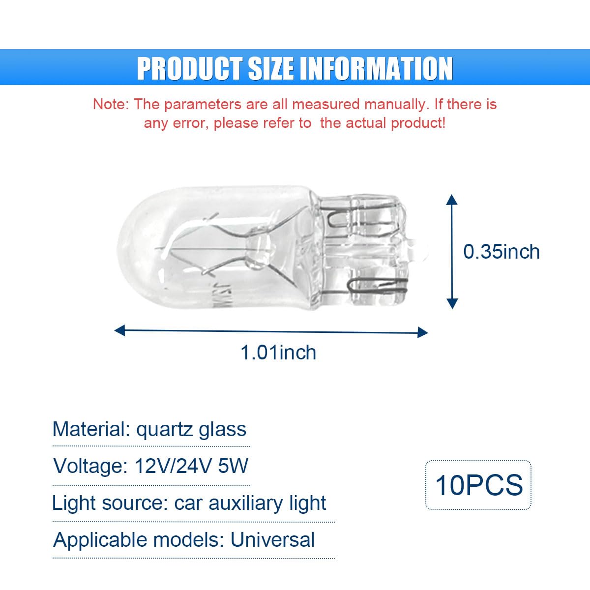 10 Pcs T10 12V 5W Car Flat Foot Mini Lights  Car Brake Light Turn Light Bulbs  Quartz Glass Instrument Lights  Halogen Width Indicator Lights  Auto Lighting Replacement Accessories (T10)