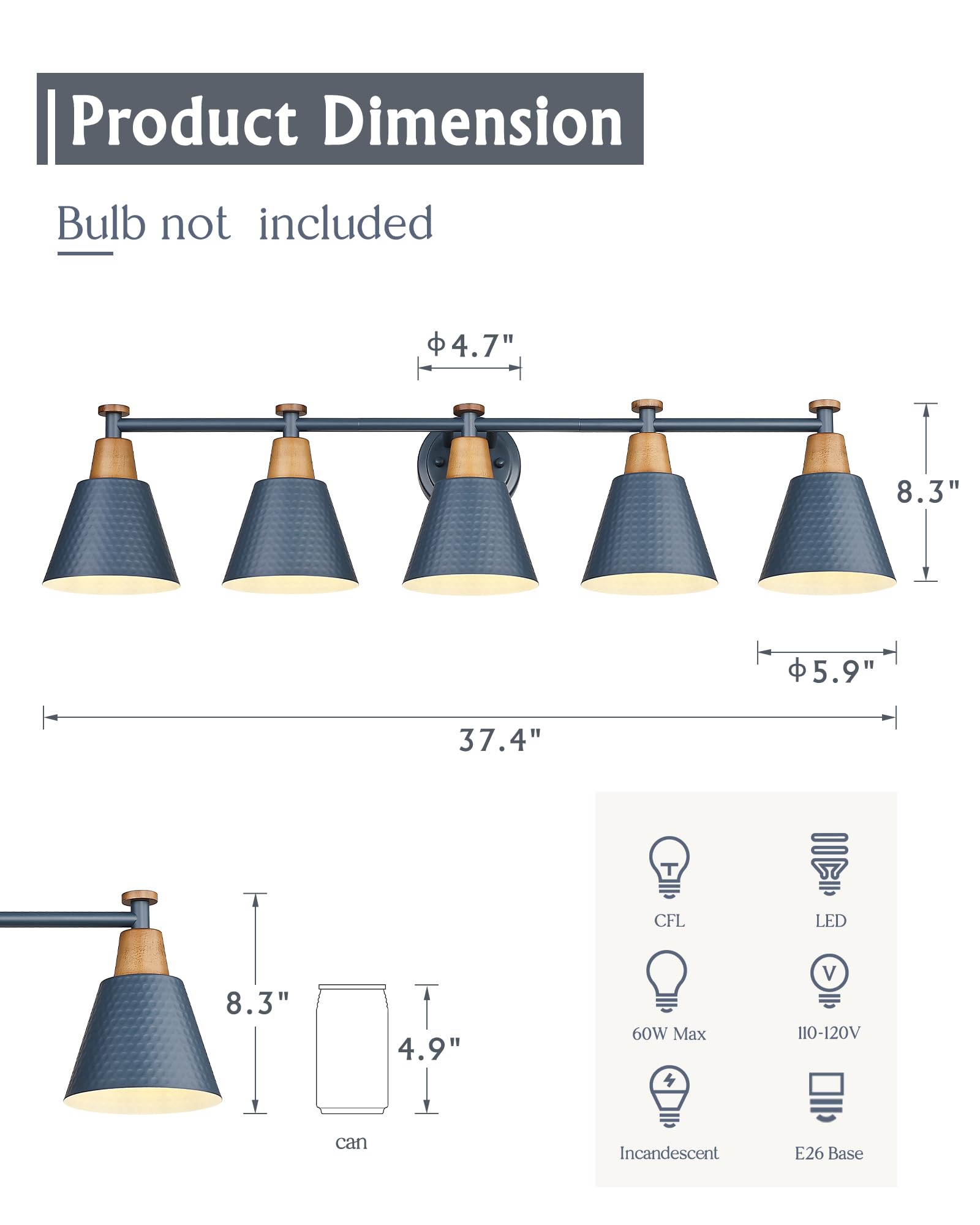 Femila 5 Light Bathroom Vanity Light, 37.4'' Bathroom Lighting Fixtures Over Mirror, Blue Finish, E26 Base, 4Fg59B-5W Blue