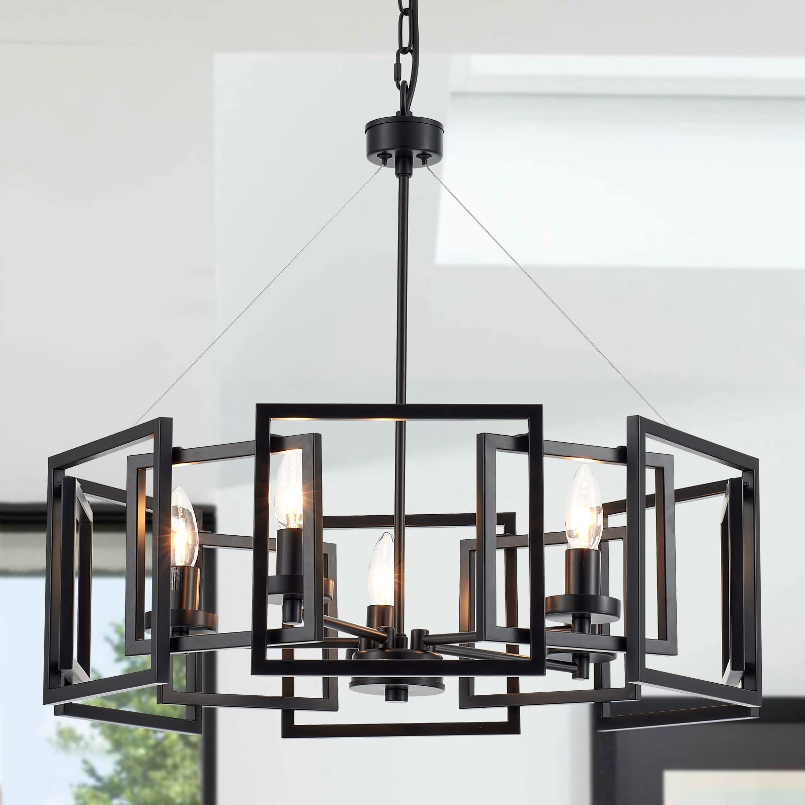 Mhytogn Industrial Style Chandelier, With Matt Black Finish Geometric Shade Pendant Lighting Fixture For Dining Room Living Room Kitchen Island Bedroom 5-Light