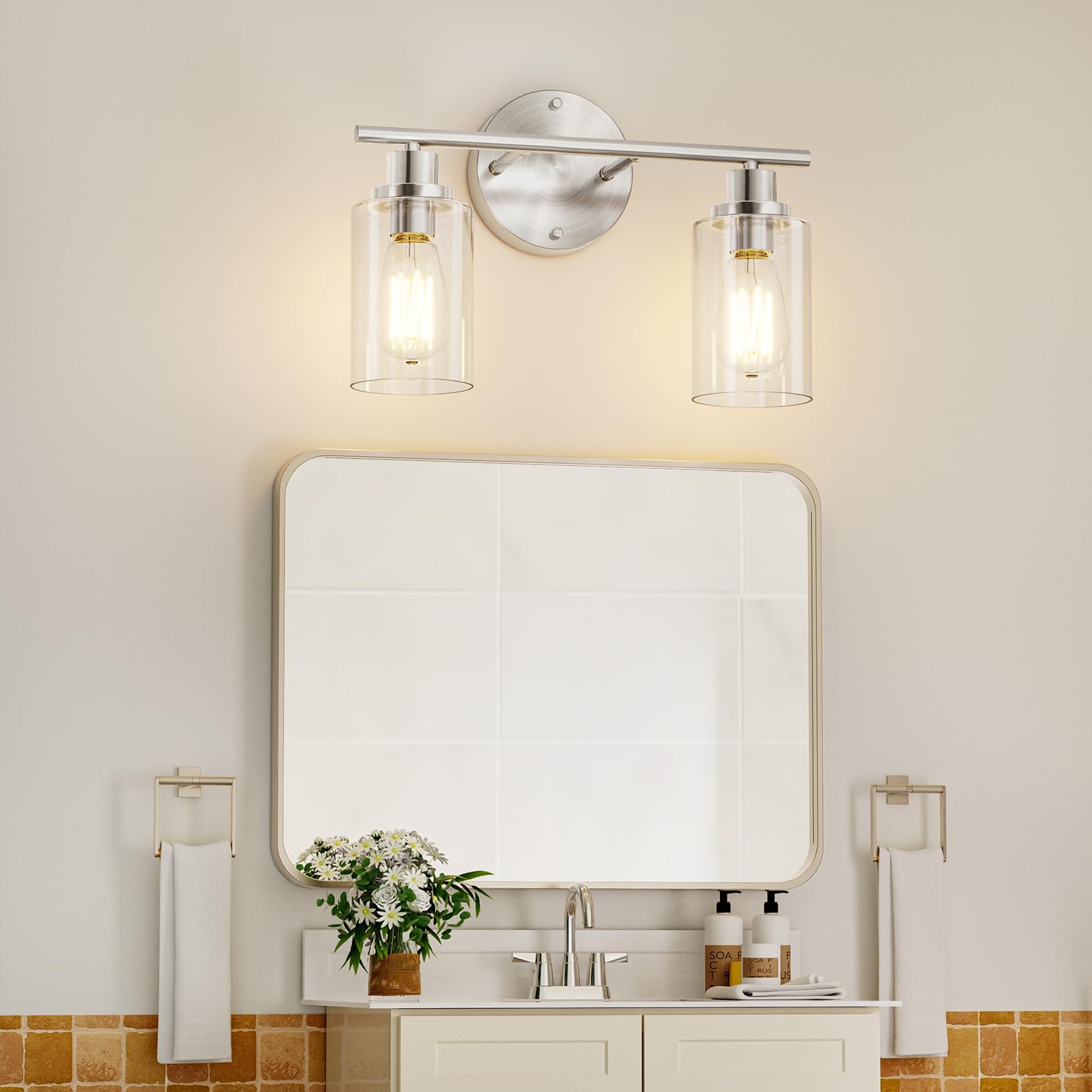 GORDNWE Bathroom Vanity Light Fixture, 2-Light Brushed Nickel, Metal Sconce, E26 Bulb Base, Modern Design for Mirror and Hallway