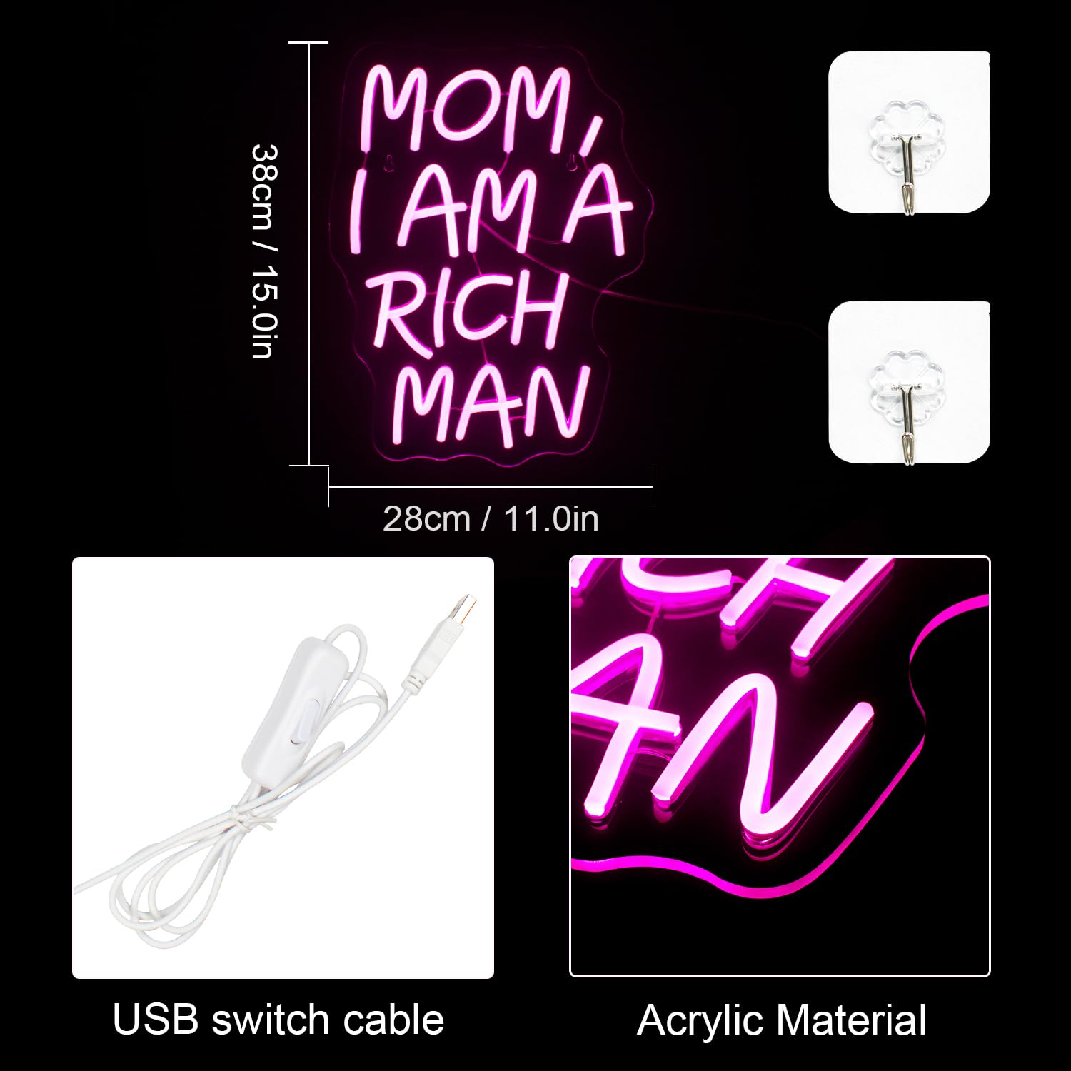 LUCUNSTAR Mom I Am A Rich Man Neon Sign,Neon Signs for Wall Decor,Pink Neon Sign,Neon Light for Wall,Led Signs Decor,USB Connect