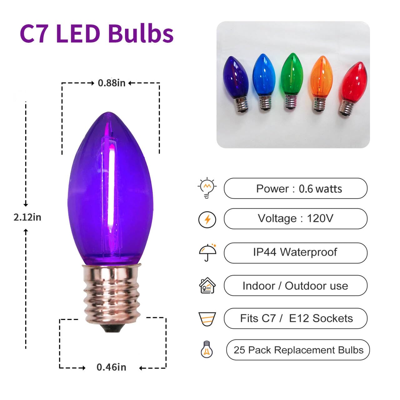 Chyparty 10 Pack C7 Led Replacement Bulbs, Multicolor C7 Christmas Light Bulbs For Outdoor String Lights, Patio, Xmas Tree, Wedd