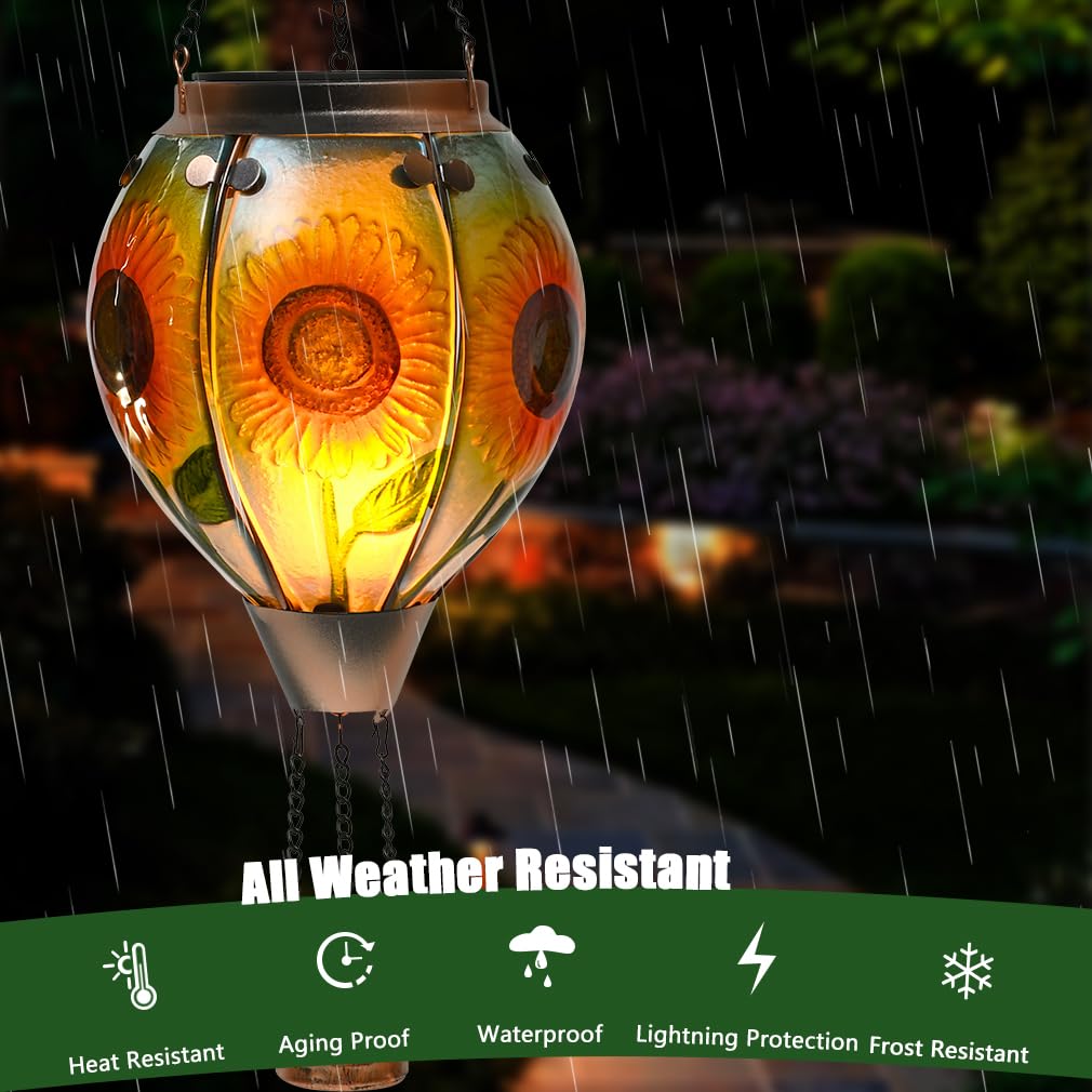 Hot Air Balloon Solar Lantern - Sunflower Glass Lantern  Simulated Flickering & Dancing Flame  Outdoor Hanging Yard Light Waterproof Ip65 For Patio Lawn Porch Decor Gift