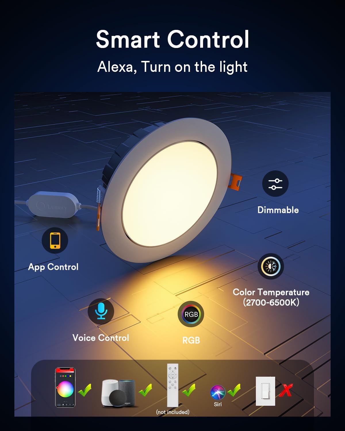 Lumary Smart Gimbal 4" Recessed RGBWW WiFi Ceiling Light, 9W 780LM, Adjustable White, Model L-GL4A1, Canless LED Downlight