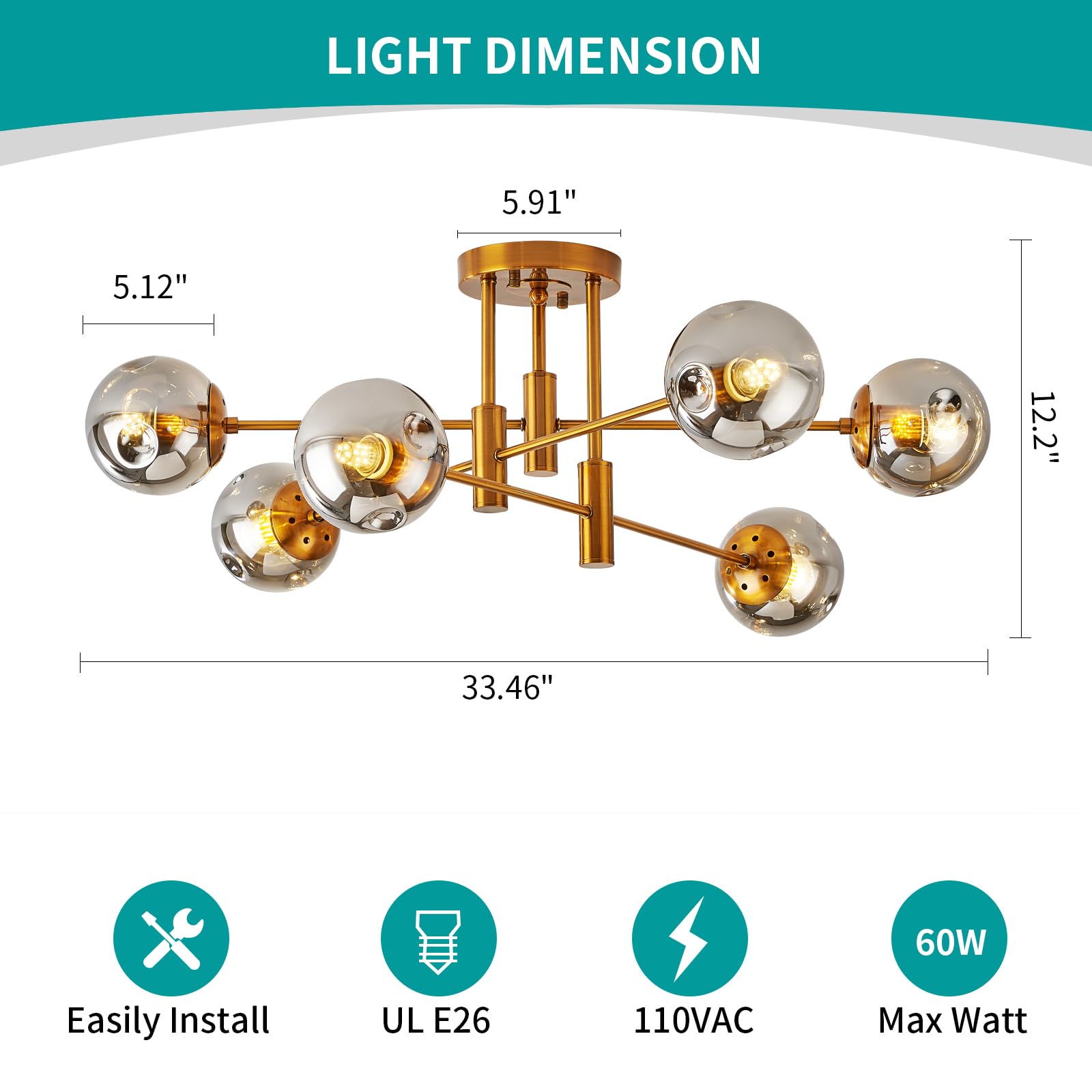 DDLLDESHI 6-Light Gold Chandelier - Modern Sputnik Ceiling Light Fixture, 34" Smoke Bubble Design for Dining Room and Living Room Decor