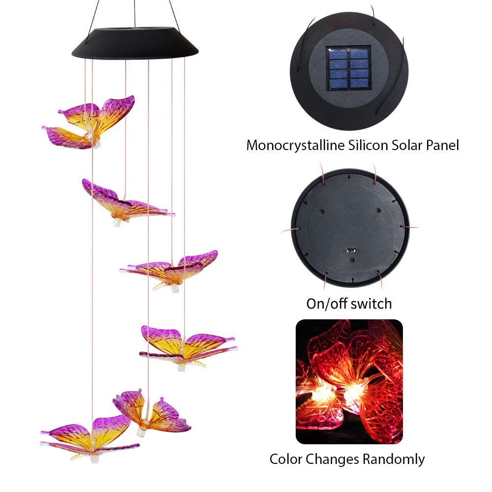 EpicGadget Solar Butterfly Wind Chime, Color Changing, Plastic, 25x5x5 inches, Purple