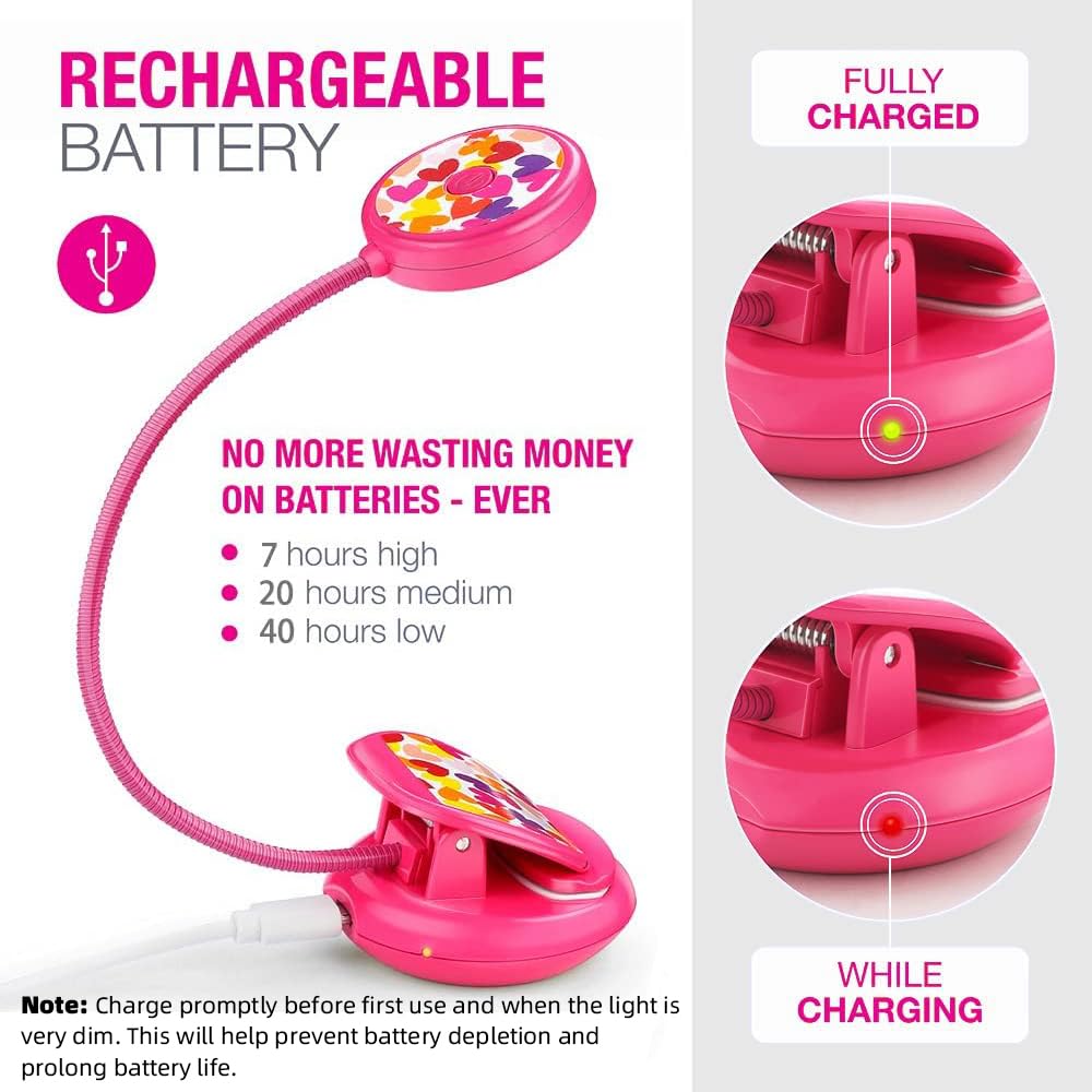 Vekkia Rechargeable Book Light, Clip-On, Eye-Care, 3 Colors & Brightness, Small, Rose Red, Model 8541999459