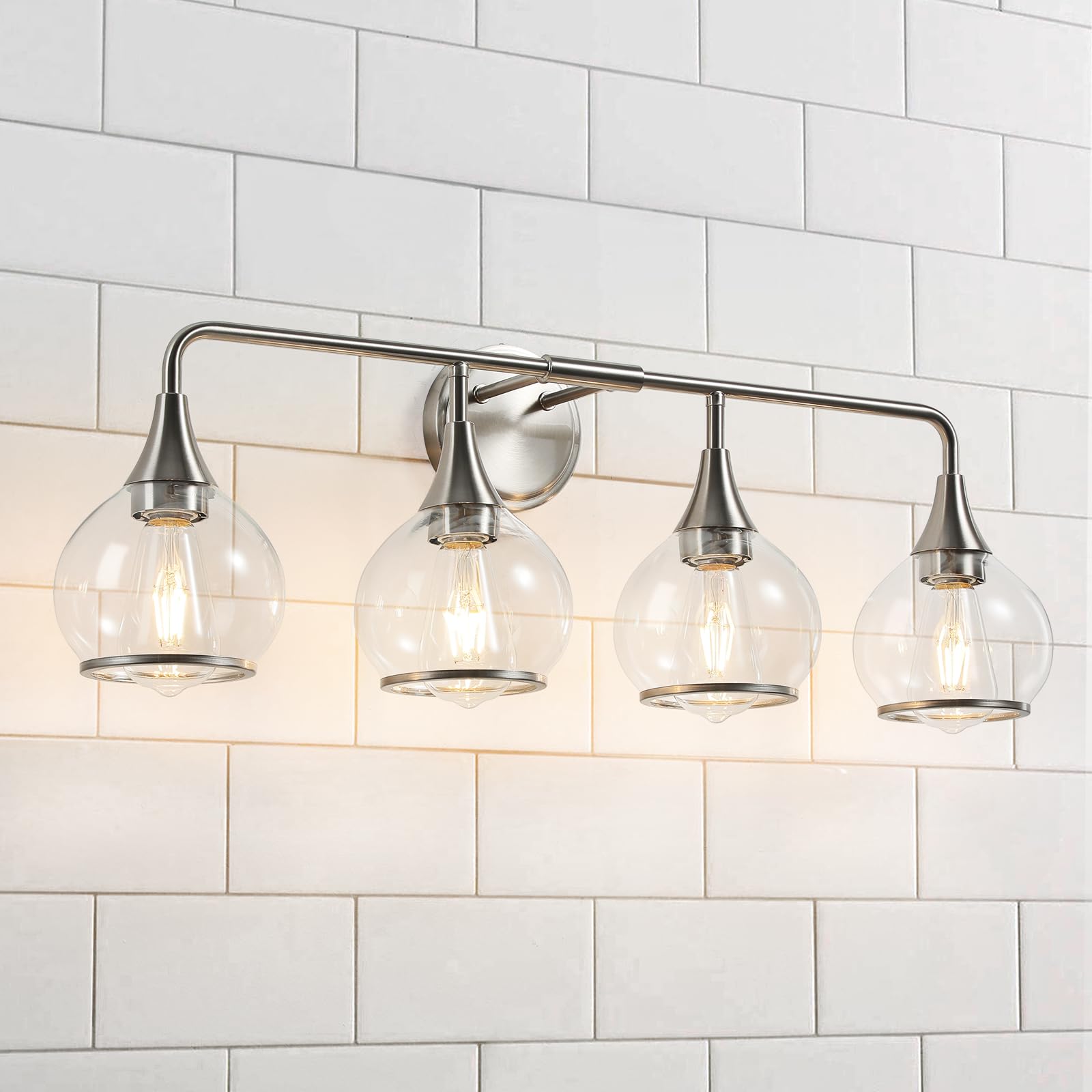 HAHZT Brushed Nickel Bathroom Light Fixture 4 Lights Wall Sconce 30.7 inch Clear Glass Shade Model 8033ML